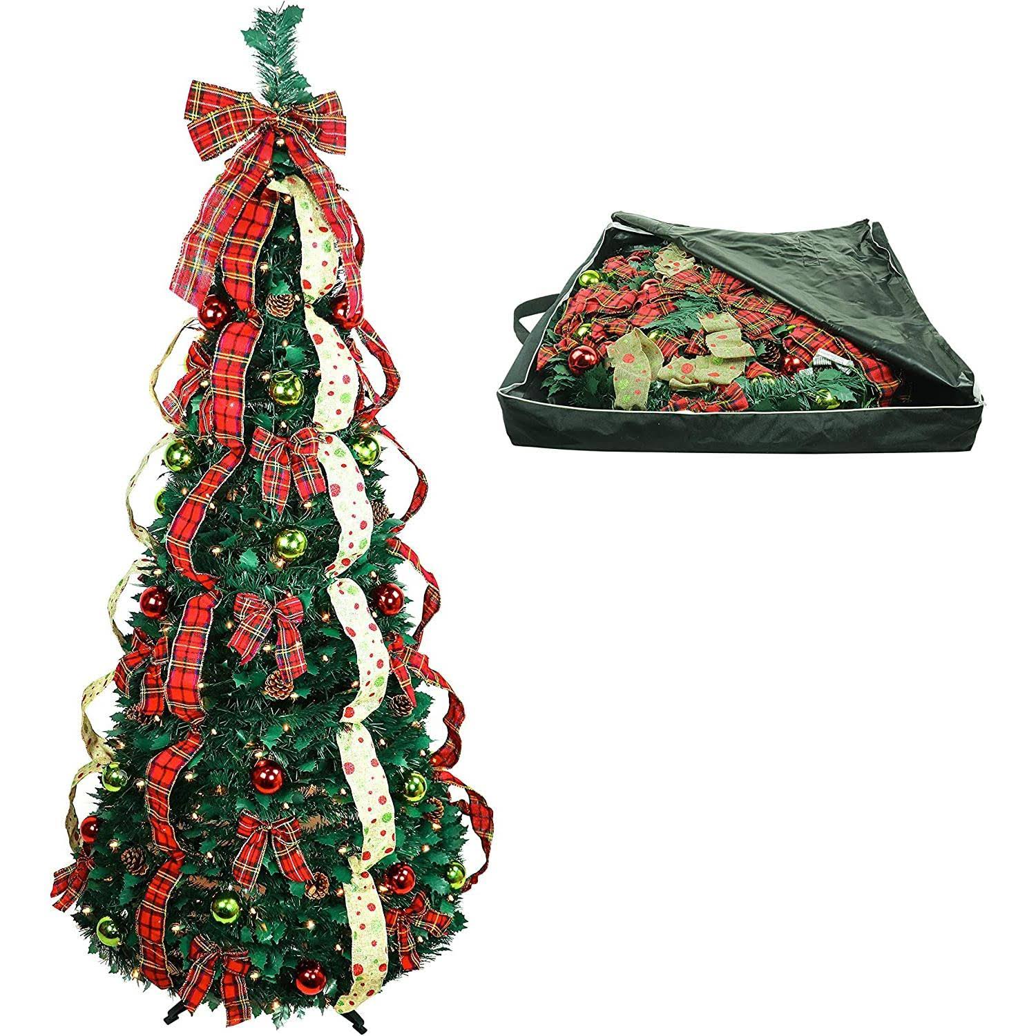 Christmas Tree Fully Decorated Dressed - Pre-Lit 7.5 ft Pull Up Pop Up with Storage Bag Includes Holiday Decorations, Ornaments, Pinecones, Stand