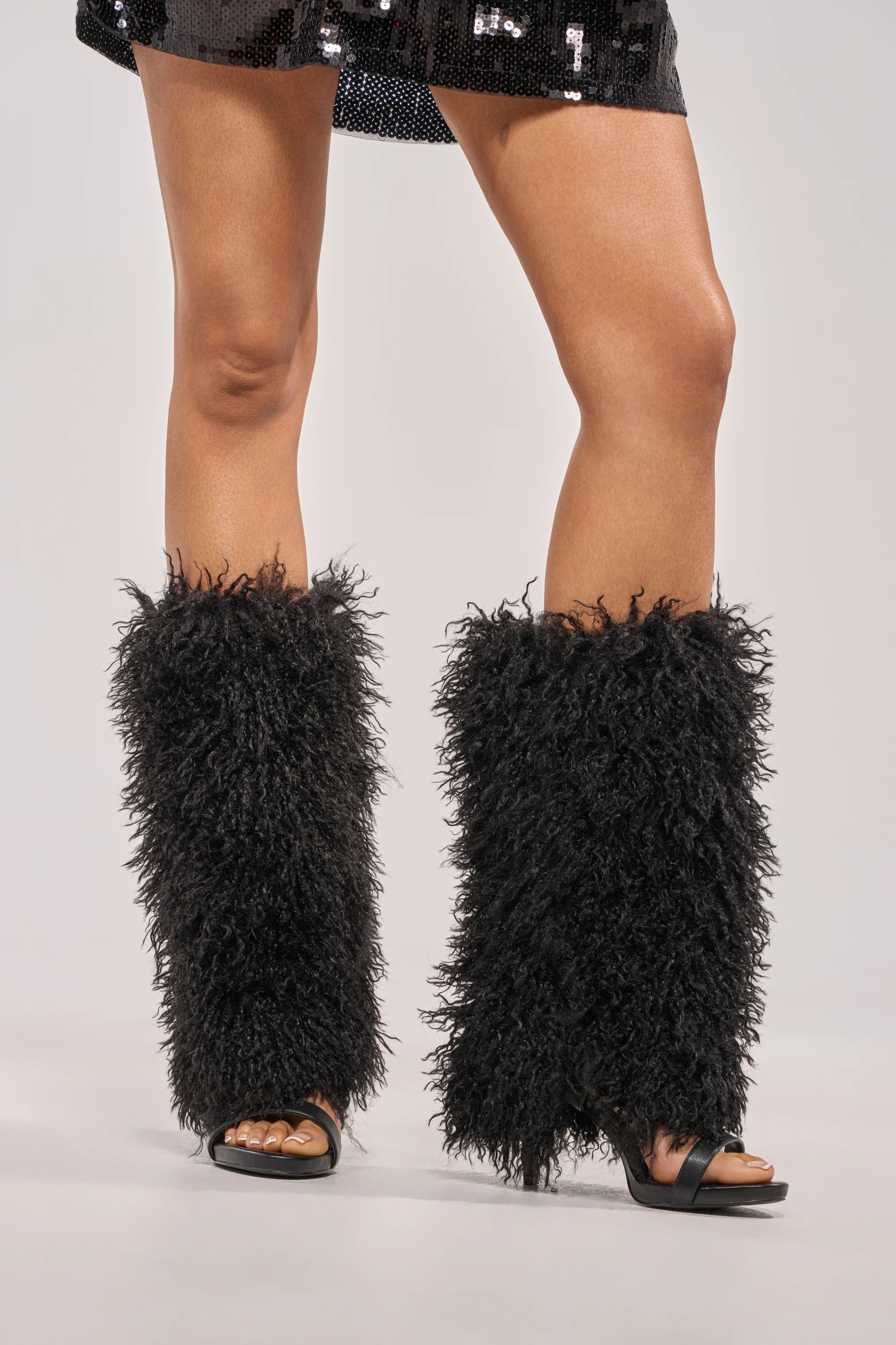 AZALEA WANG CLOUD NINE BLACK FUR OPEN TOE BOOT - Akira Store