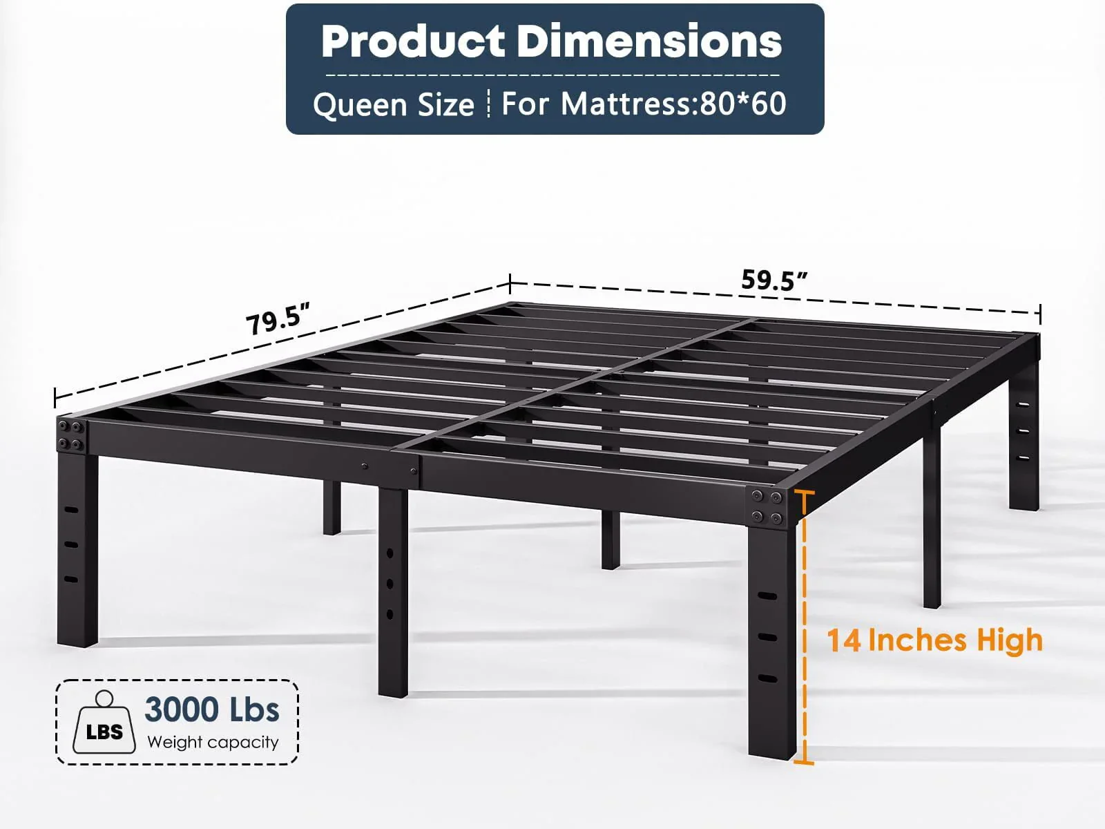 QFTIME 14 Queen Metal Bed Frame with Steel Slats, Heavy Duty Mattress Foundation
