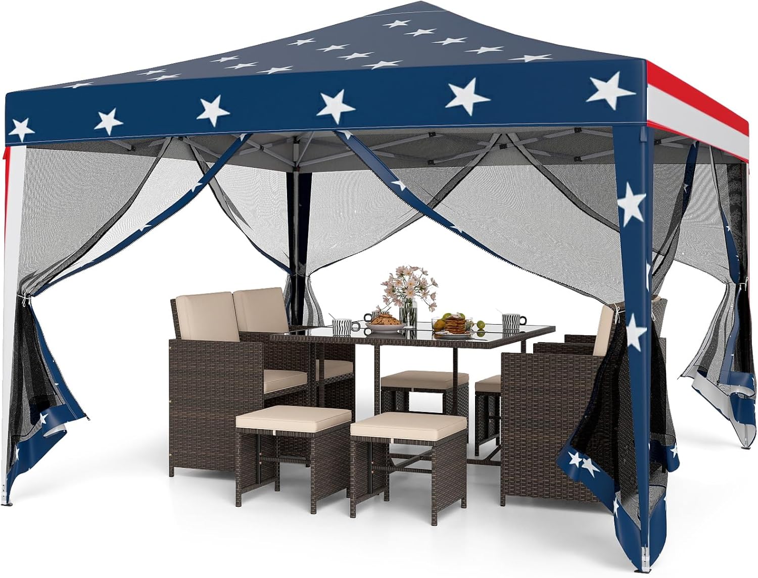 Tente pliante Goplus 3 m x 3 m, montage facile, abri instantané avec moustiquaire, sac de transport, 8 piquets et 4 cordes, pare-soleil réglable en hauteur, tente commerciale pour le camping (couleur café)