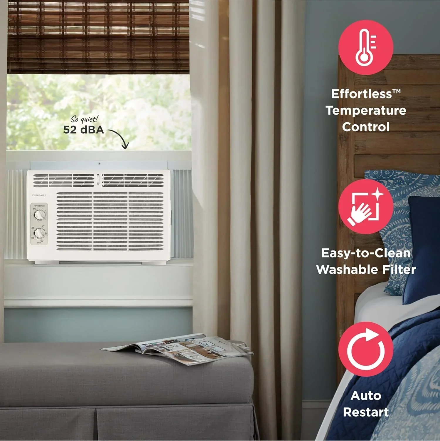 Climatiseur de fenêtre Frigidaire 5 000 BTU avec télécommande. Refroidit jusqu'à 150 pi². Fonctionnement silencieux.