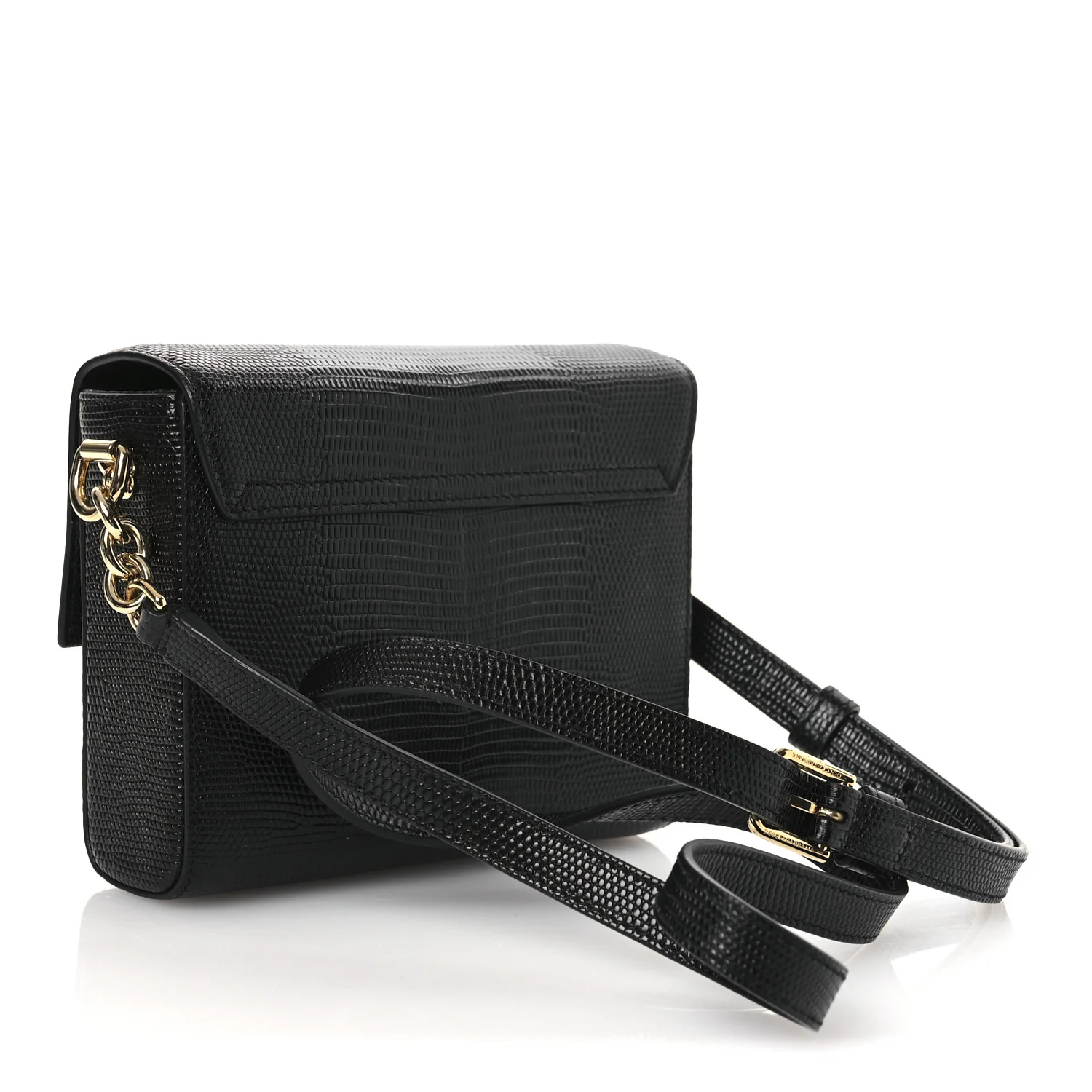 Lizard Embossed Crystal Embellished DG Millennials Mini Crossbody Bag Black