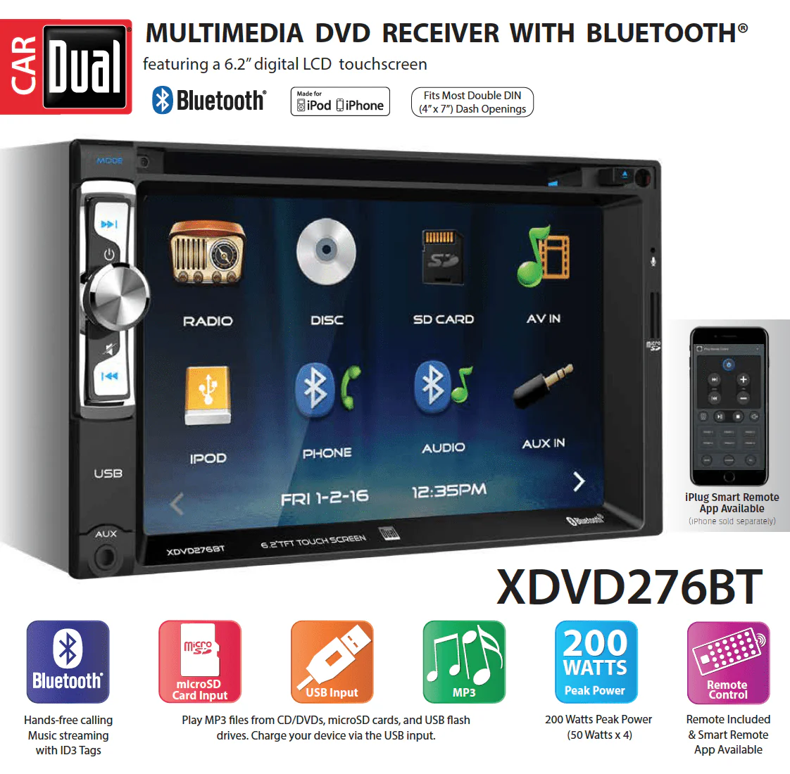 XDVD276BT 6.2 inch LED Backlit LCD Multimedia Touch Screen Double Din Car Stereo with Built-in Bluetooth, iPlug, CD/DVD Player and USB/microSD Ports