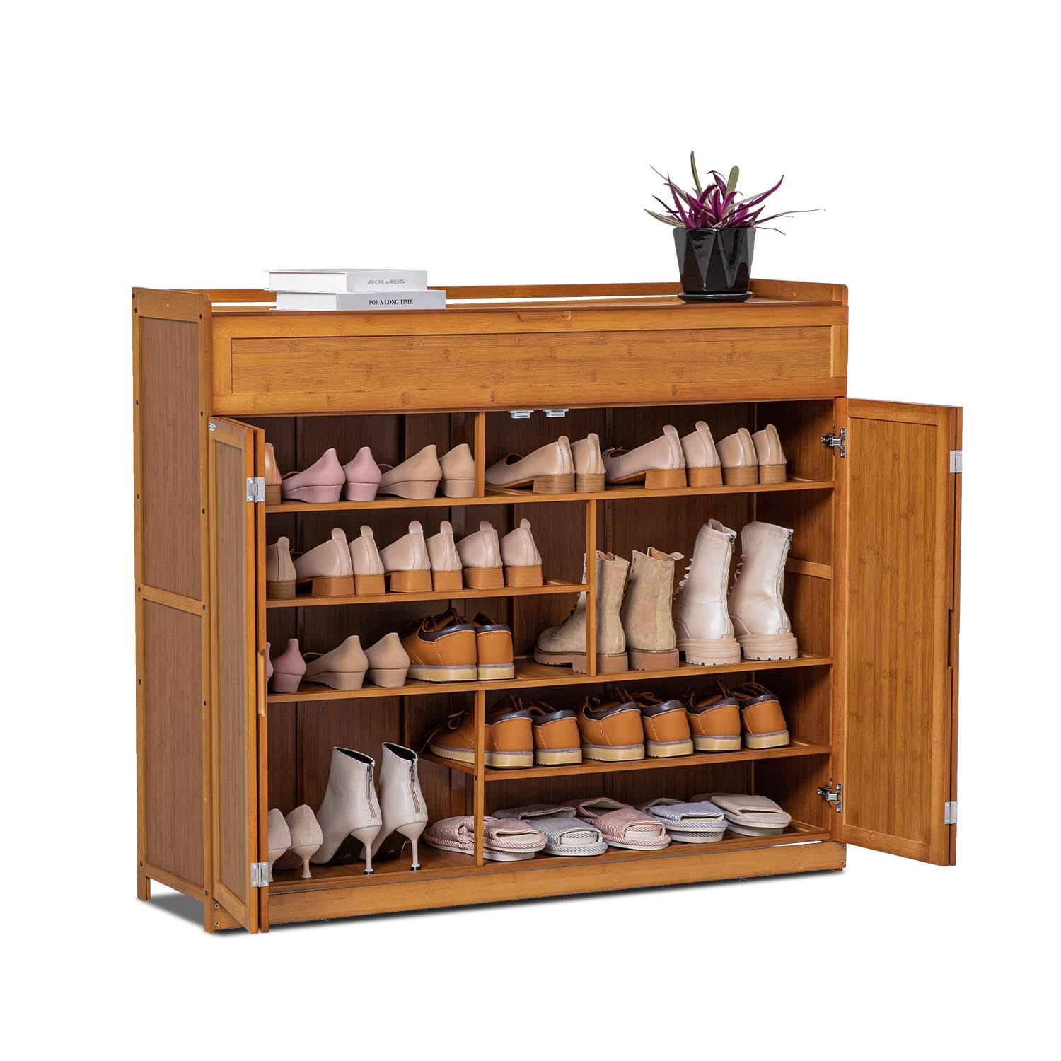 MoNiBloom Bamboo 6 Tier 30 Pairs Shoe Organizer Cabinet with Folding Door Compartment Heels Boots, Brown, for Home, Size: 6 Shelves