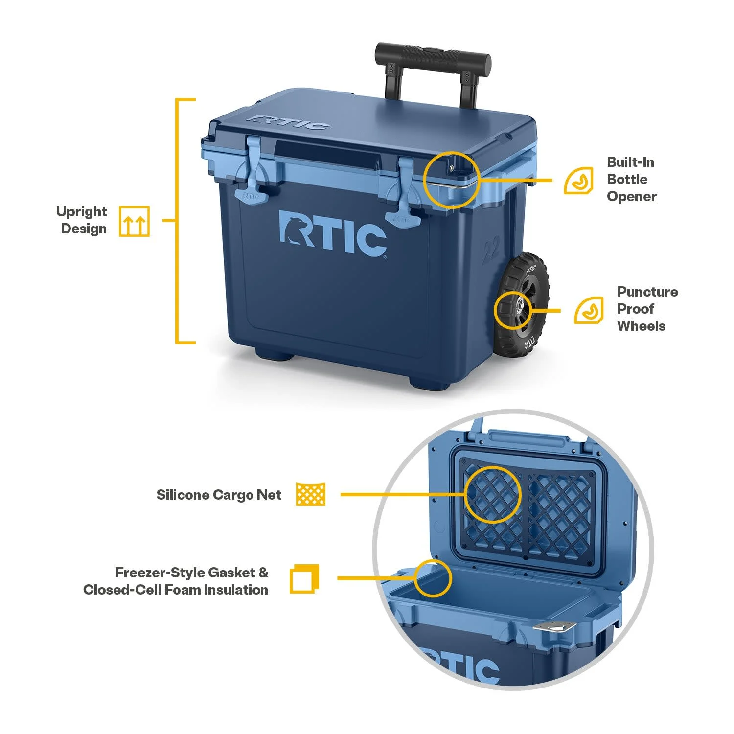 22 QT Ultra-Light Wheeled Hard-Sided Ice Chest Cooler, Fits 28 Cans, 6 Wine Bottles, Navy Denim(Navy Denim) - Image 4