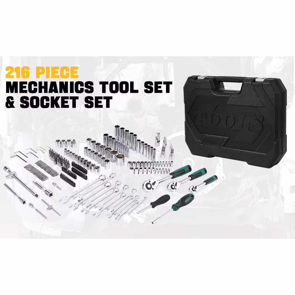 AOILE 216-Piece SAE & Metric Mechanics Tool Set with Socket Wrench Kit in Storage Case