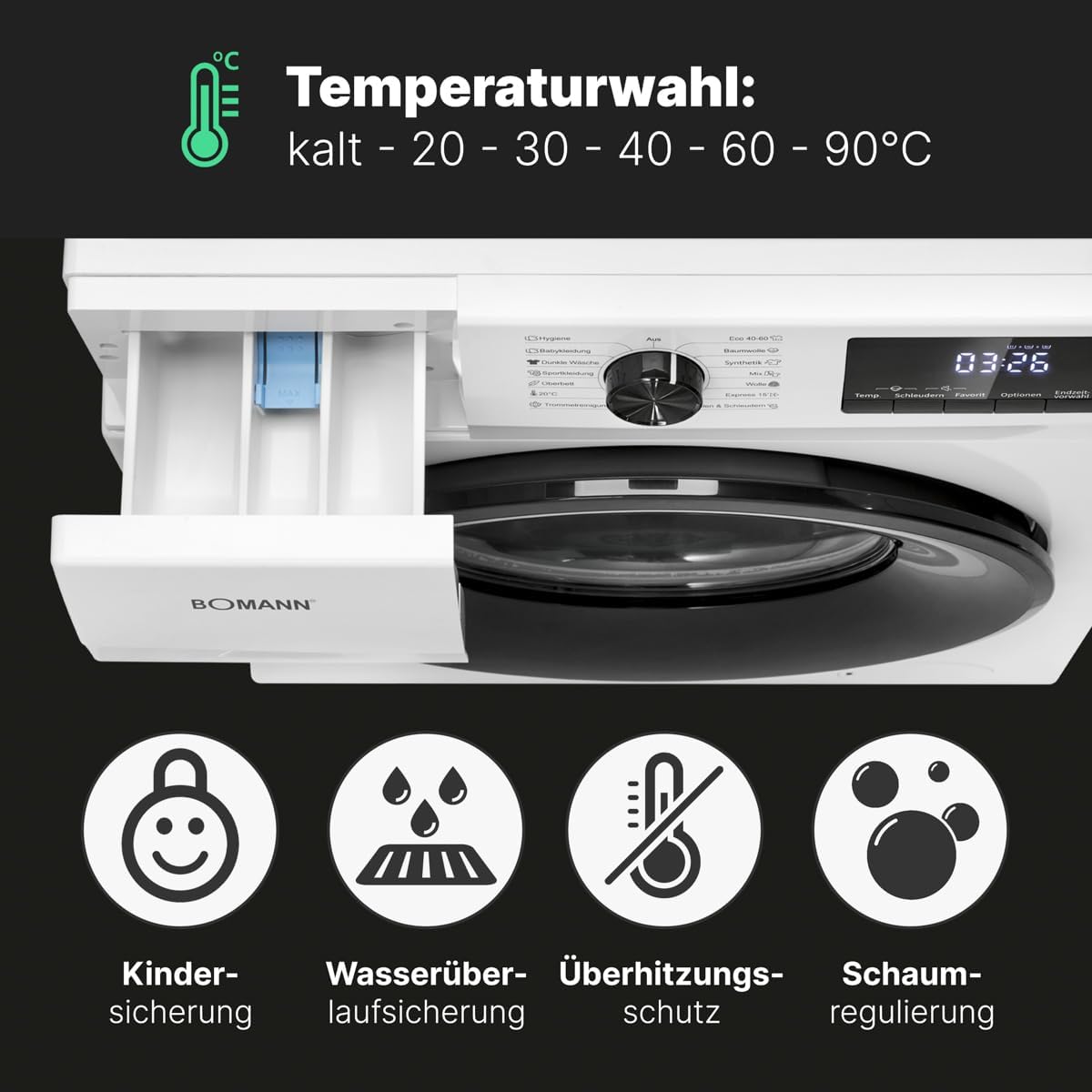 Bomann Wasmachine 7kg | maximaal 1400 tpm | 10 jaar motorgarantie | Effici?nte, stille en duurzame invertermotor | 15 programma's | Eindtijd Netnummer | LED-scherm | Wasmachine | WA 7175 wit