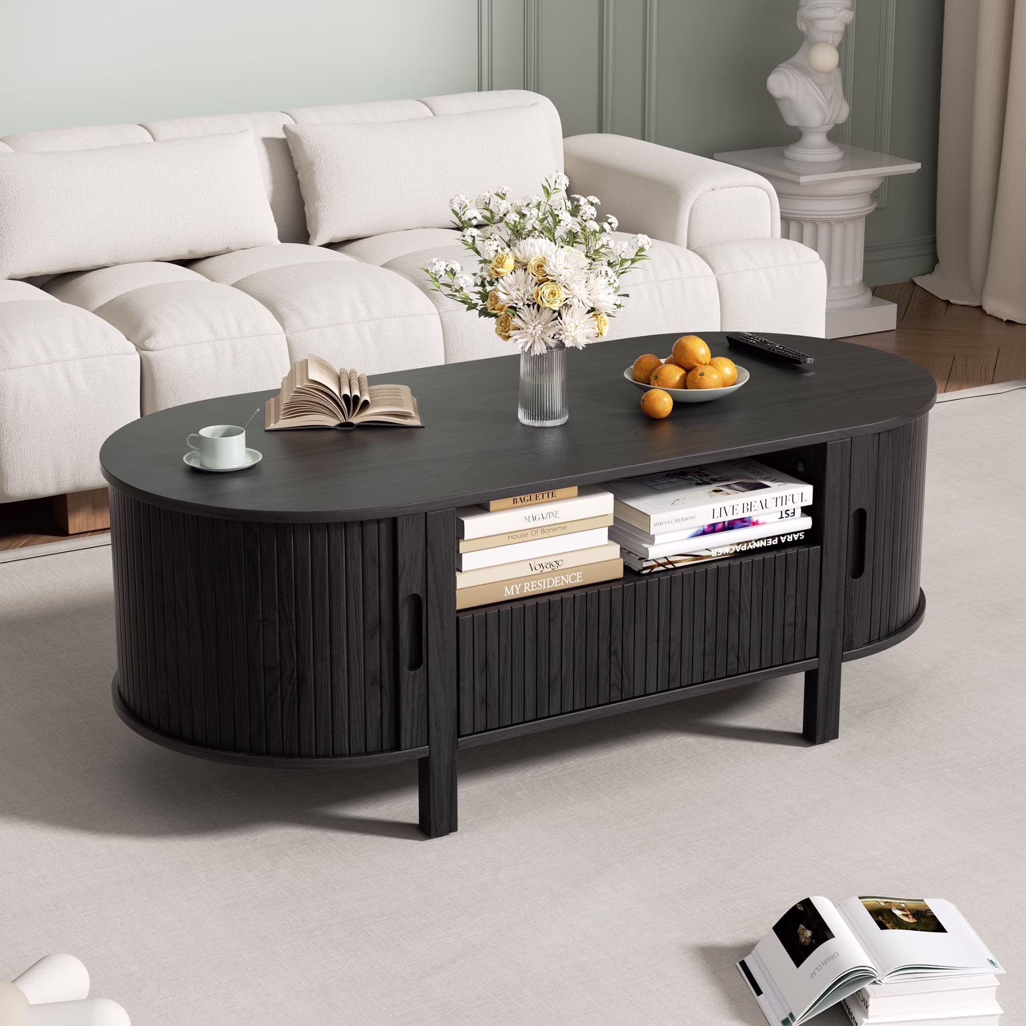 Coffee Table with Storage, Tambour Sliding Door, Open Shelf, Mid Century Modern Center Table with Drawer for Living Room, Walnut(Walnut) - Image 3
