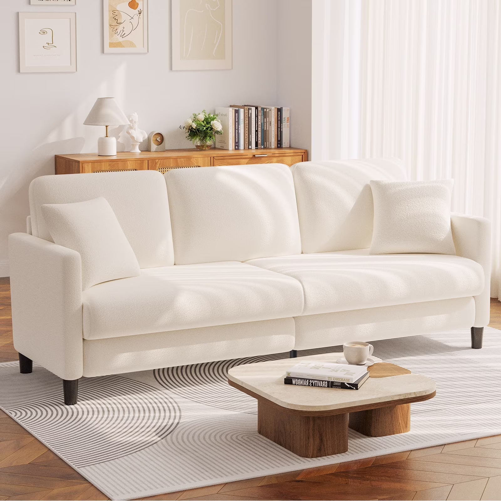 83" Comfortable Upholstered Sofa, 3 Seater Couch for Living Room, Big Loveseat with Extra Deep Seats, 2 Pillows, Beige White(Off White)