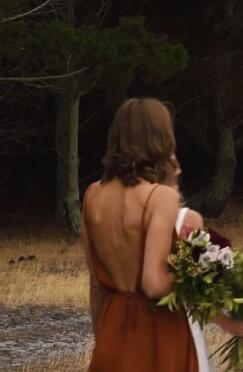 Charming Chiffon V-neck Spaghetti Straps Orange Split Long Bridesmaid Dress DMG58