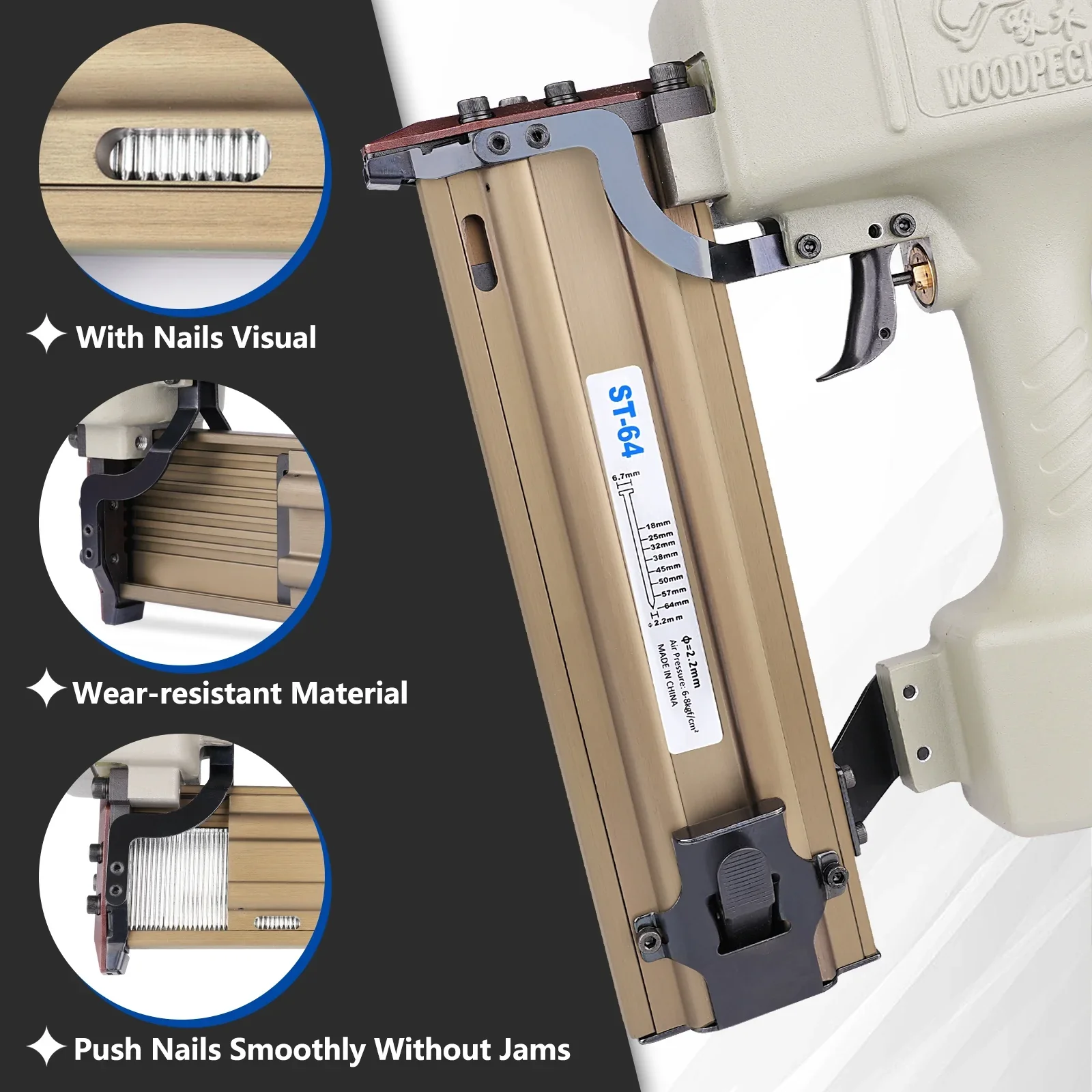 WOODPECKER ST64 Pneumatic Concrete T Nailer, 14 Gauge 3/4 to 1-1/2 Heavy Duty Air Concrete Nail Gun for hardwood nailing, Masonry, Cement, Concrete Brick Nailing