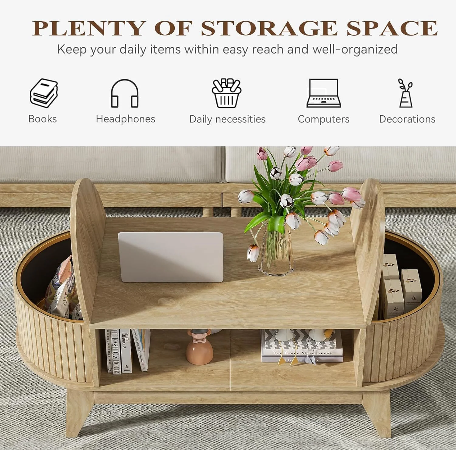 Fluted Coffee Table with Storage, Modern Coffee Tables, Wood Accent Center Table(Wood) - Image 6