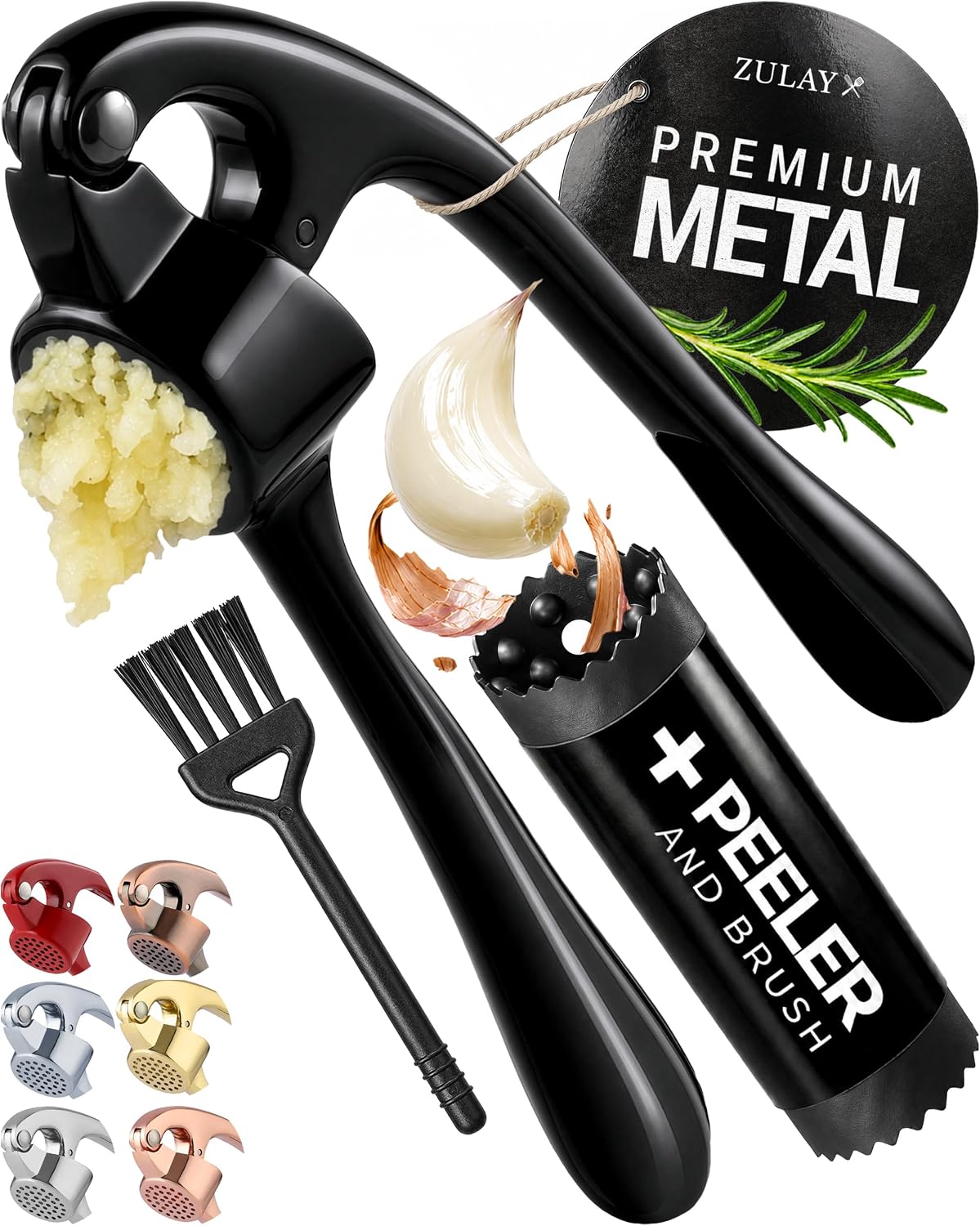 Zulay Kitchen Premium Garlic Press Set - Rust Proof Professional Garlic Mincer Tool - Easy-Squeeze, Easy-Clean with Soft, Ergonomic Handle - Silicone Garlic Peeler & Brush (Silver)