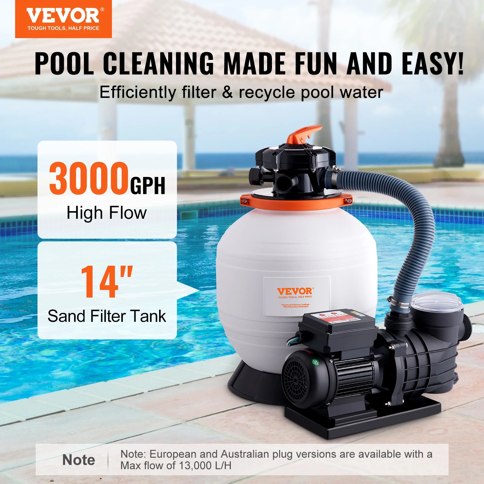 VEVOR Sand Filter Pump for Above Ground Pools, 14 - Inch, 3000 GPH, 3/4 HP Swimming Pool Pumps System & Filters Combo Set with 6 - Way Multi - Port Valve & Strainer Basket, for Domestic and Commercial Pools
