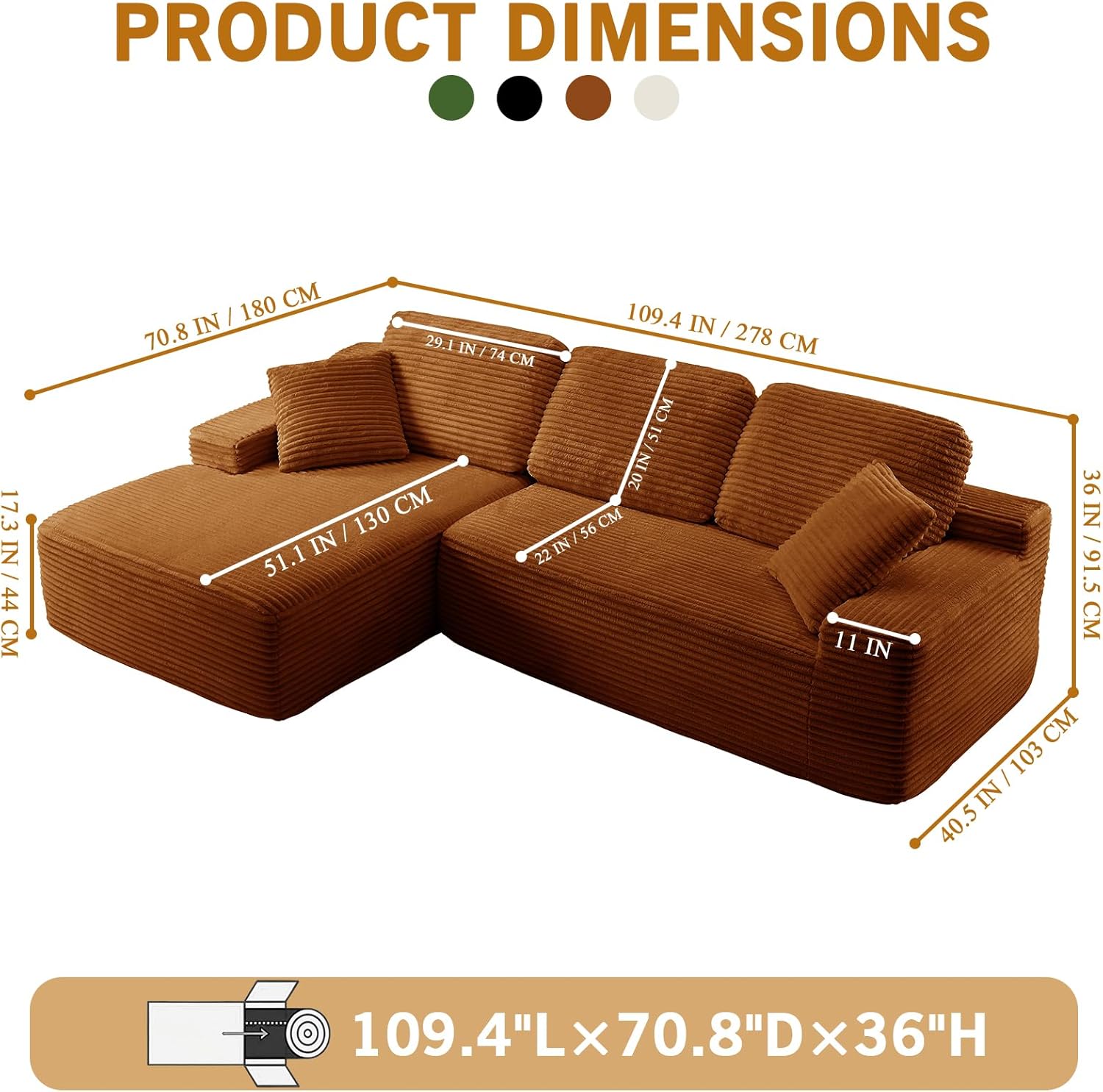 109.4” Modular Sectional Sofa, Convertible Sofa Bed, No Assembly Required Cloud Couch with Deep Seat, Modern L-Shaped Boneless Sofa for Living Room (Orange)