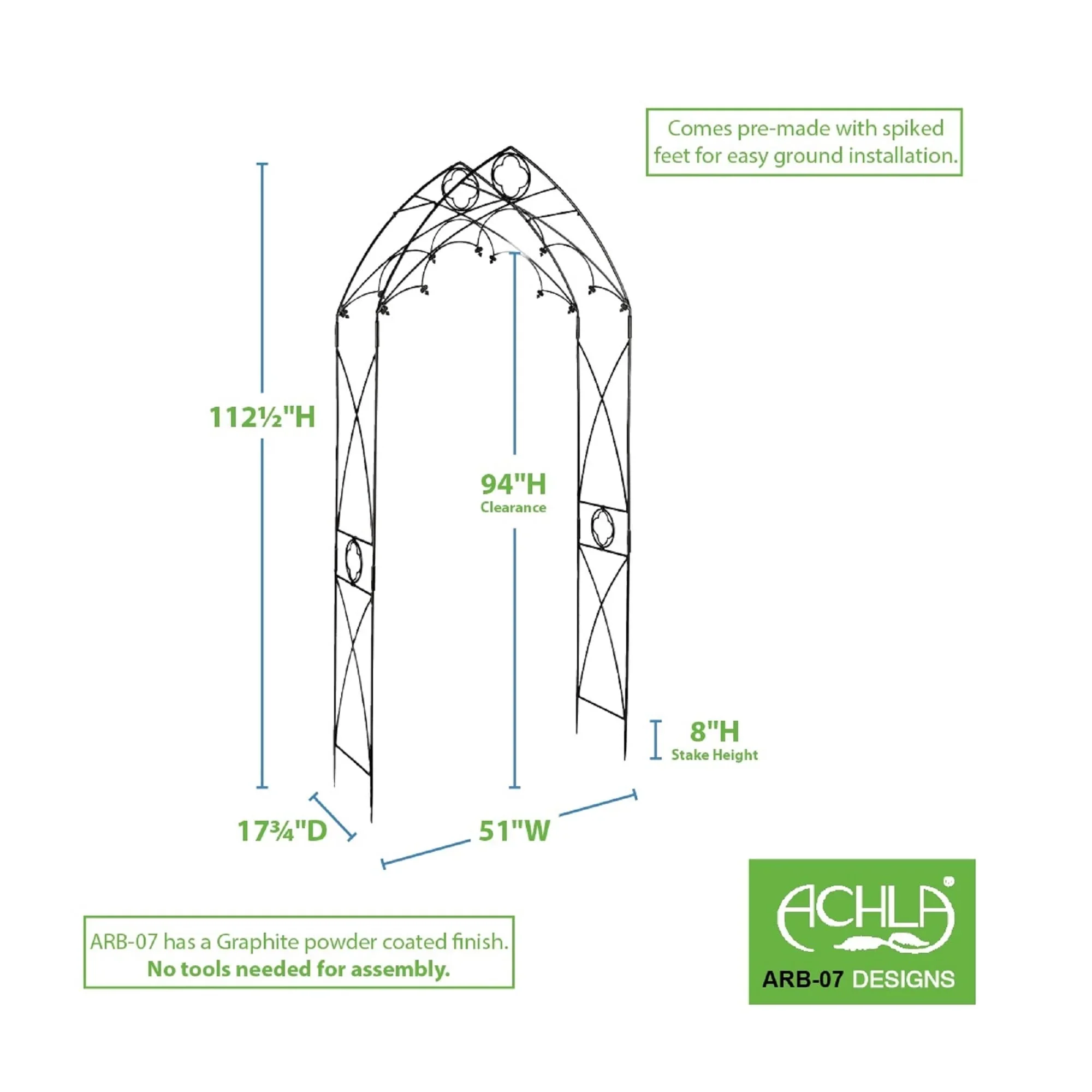 Achla Designs Classic Gothic Style Quatrefoil Garden Arbor, 112.5 Inch Tall, Graphite Powder Coated Finish
