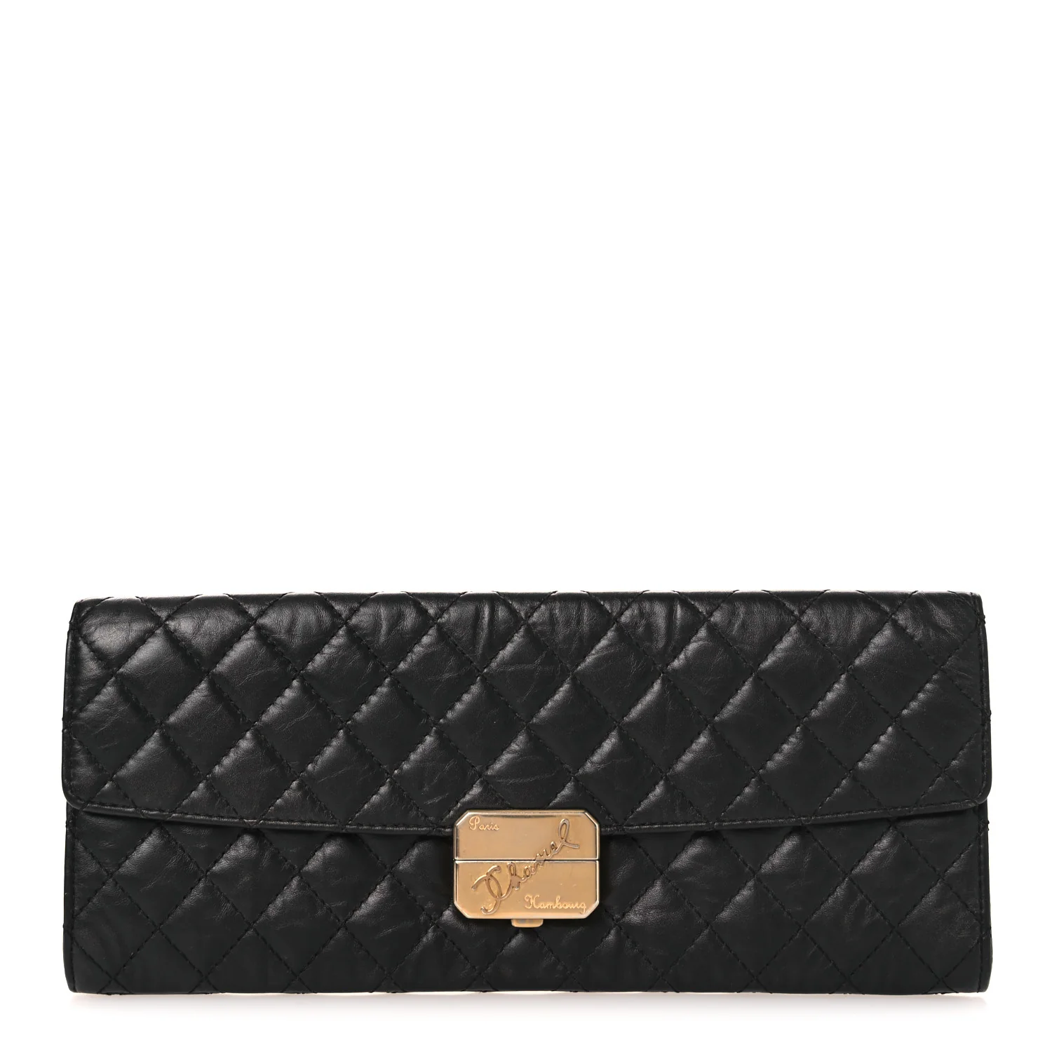 Metallic Aged Calfskin Quilted Paris Hamburg Clutch Black