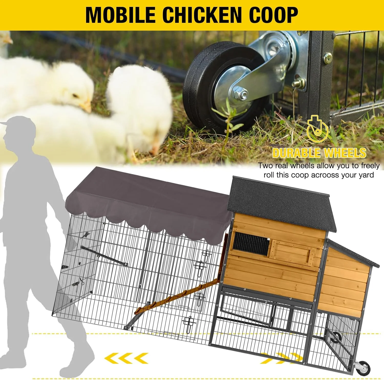 Mobile Chicken Coop 85" with Nesting Box Metal Run and Weather Proof Cover for 6-8 Outdoor Backyard Farm Rabbit Duck Poultry - Image 7