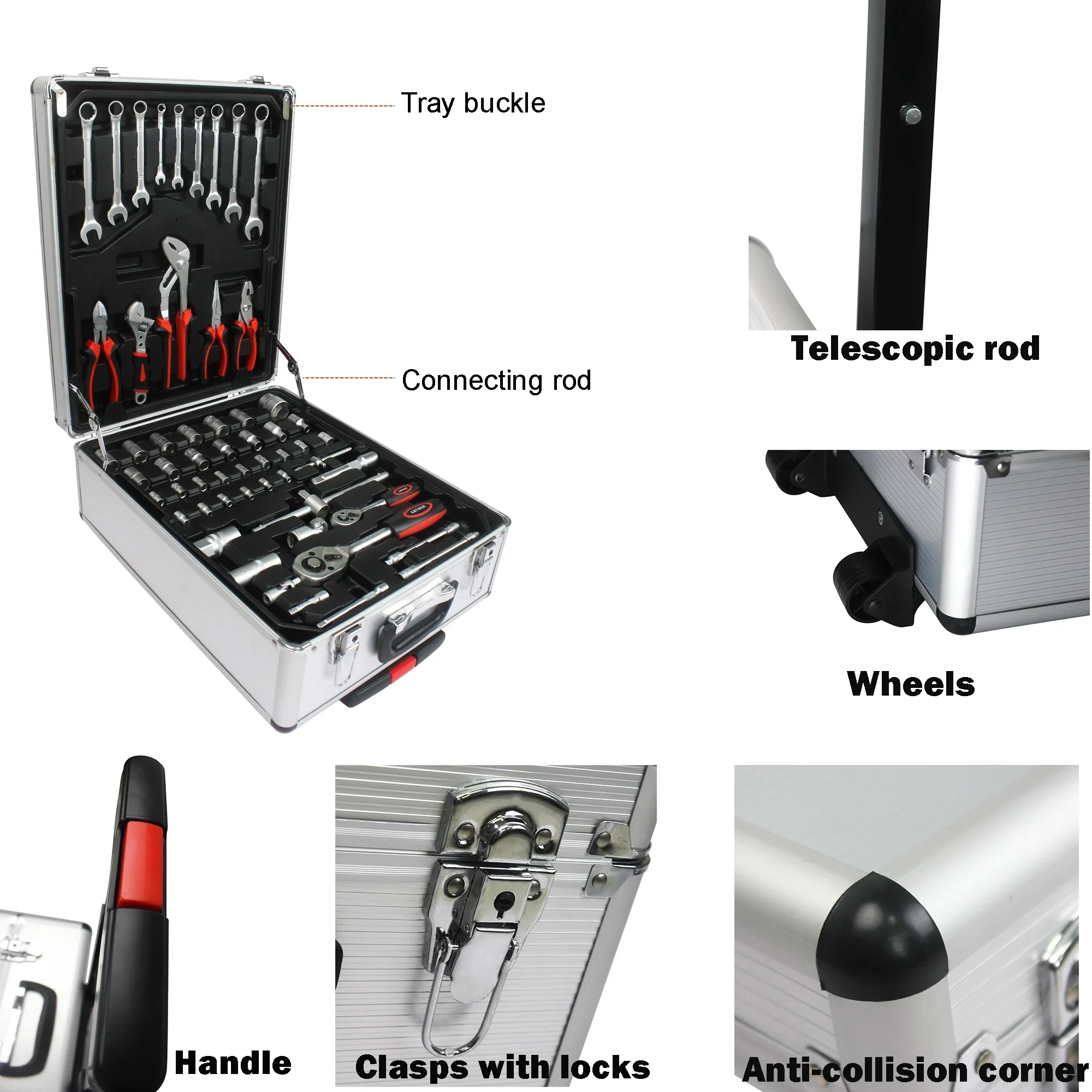 Seizeen 899PCS Tool Set Professional, Mobile Tool box on Wheels with Handle, Mechanics Tool Set W/Hand Tool, Ratchets&Socket Set, Screwdriver Set, 4-layer Tool Case & Tool Kit COMB, Silver