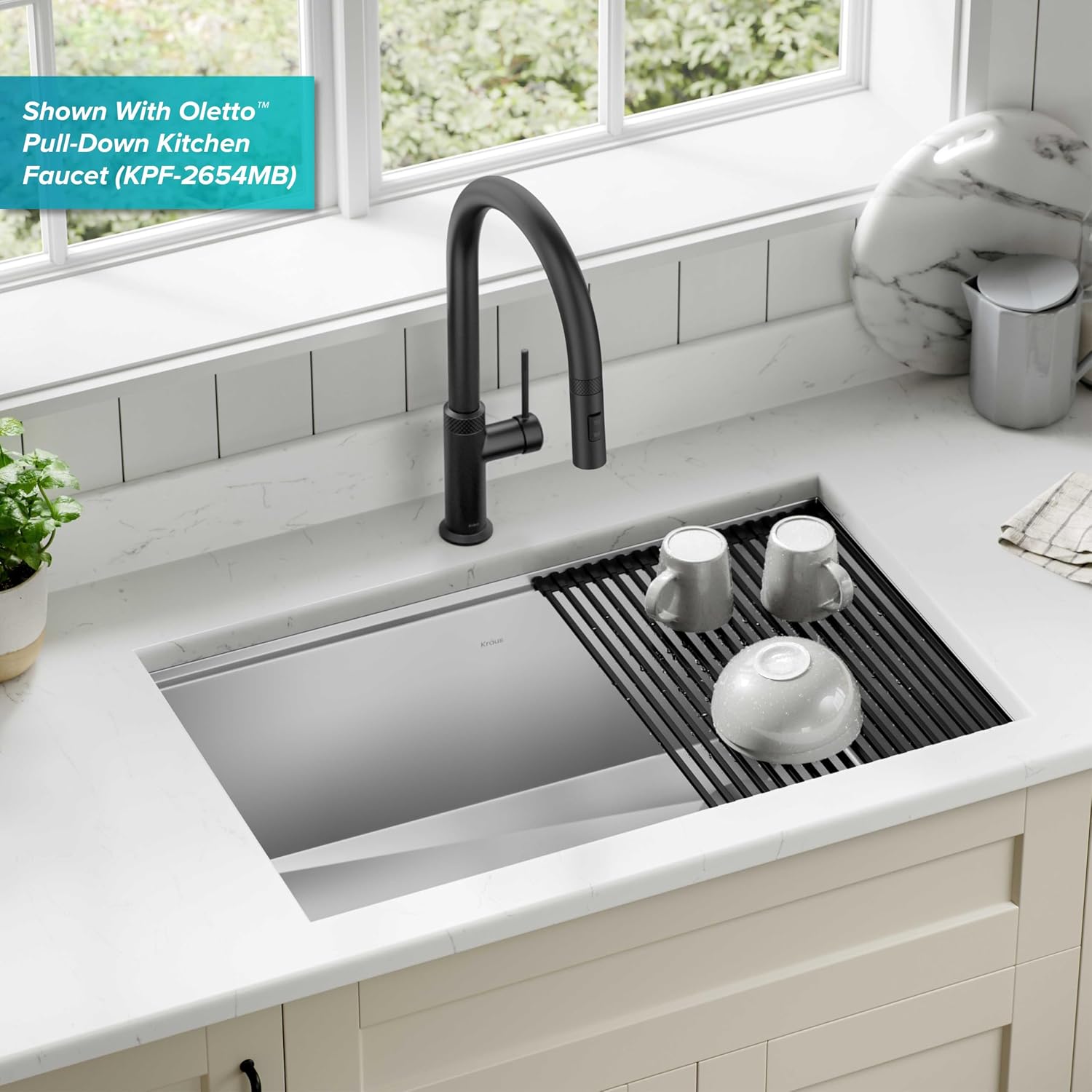 KRAUS Stainless Steel 30 in Undermount Kitchen Sink KWU110-30| 16-gauge TRU16 steel, integrated ledge for accessories, cutting board and roll-up rack included, NoiseDefend soundproofing