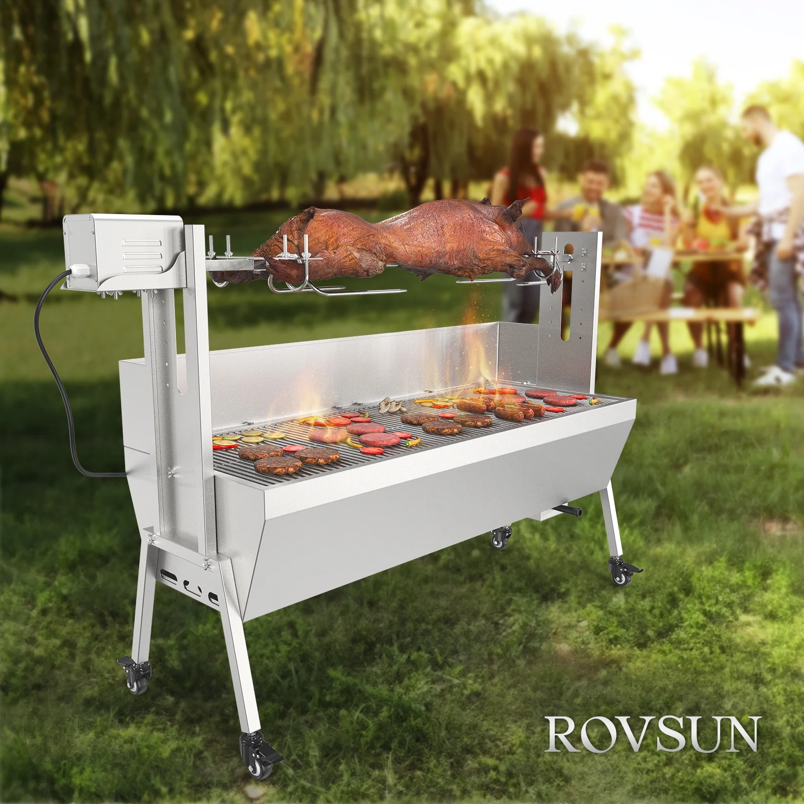 46 Electric Rotisserie Grill 176 lbs Capacity 25w Pig Lamb Spit Roaster Rotisserie w/Lockable Wheels Wind Baffle with Adjustable Height(46" Length) - Image 9
