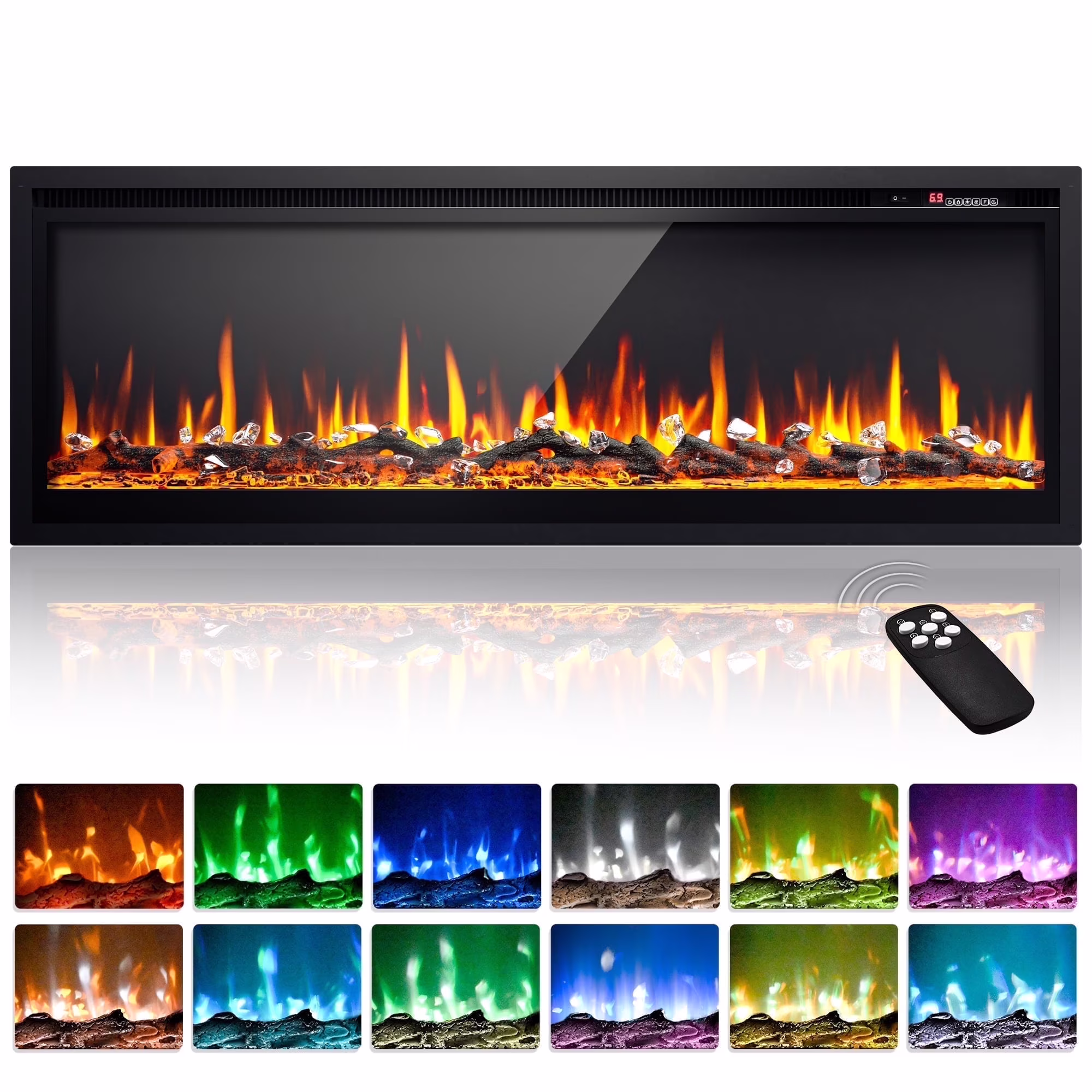 50 inch Indoor Electric Fireplace, Wall Mounted Recessed Freestanding Fireplace with Remote Control, Fireplace Heater with Adjustable Flame Color, Linear Fireplace with Timer(50")