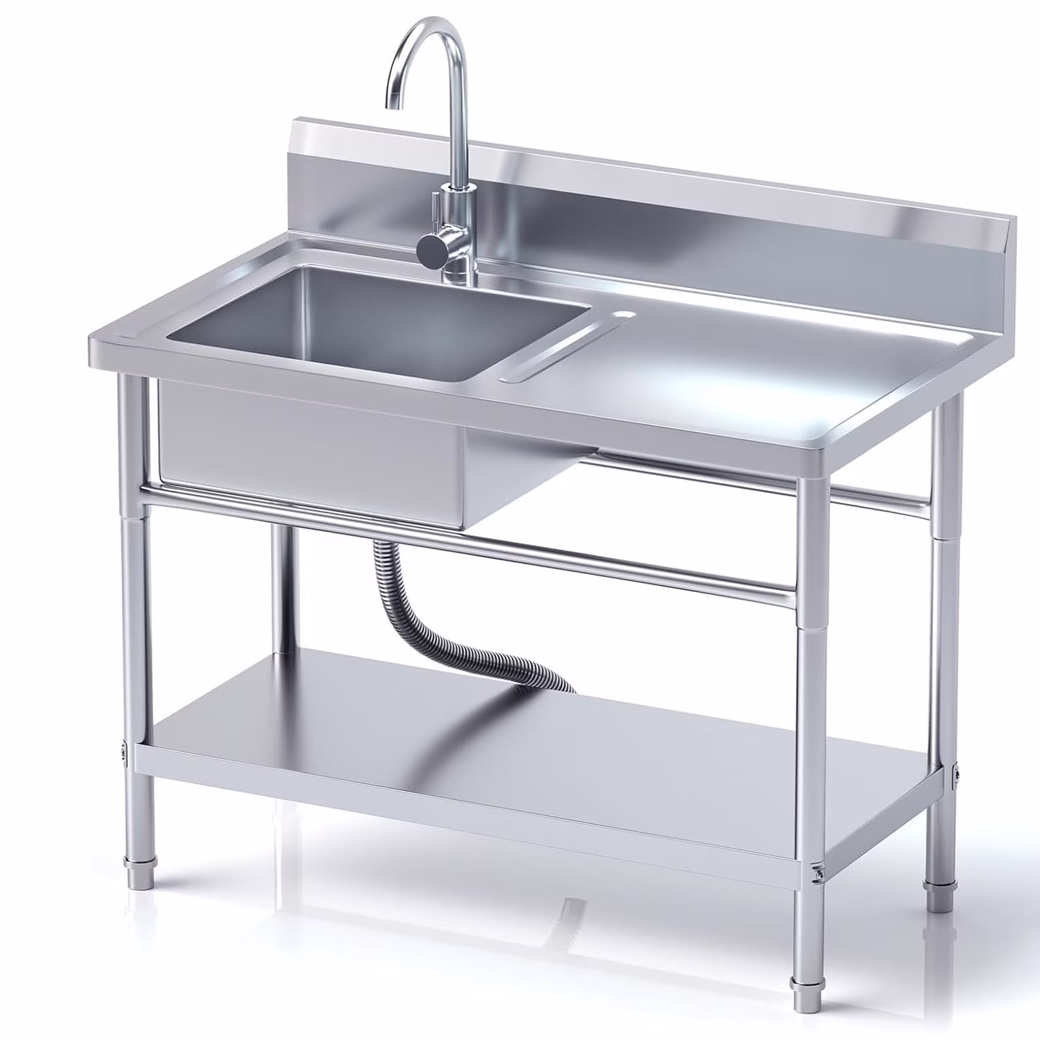 Stainless Steel Utility Sink with Cold and Hot Water Pipes, Free Standing Single Bowl Commercial Kitchen Sink with Workbench, Storage Shelf& Faucet, for Kitchen, Bathroom, Farmhouse, Indoor, Outdoor