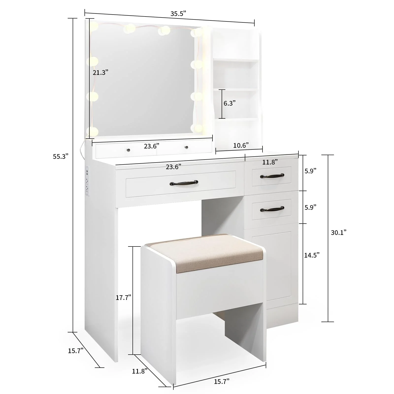 Richya Makeup Vanity Table with Lighted Mirror Power Outlet Drawers and Cabinet for Bedroom White