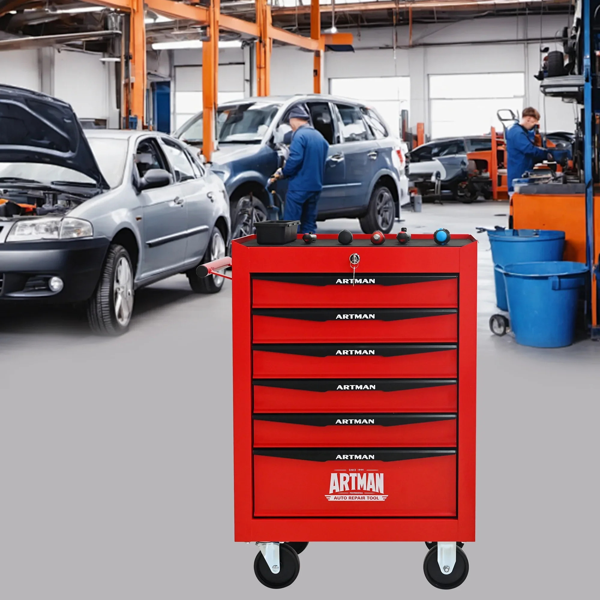 NIGSQJB 30.5H Rolling Tool Chest Cart with 6 Drawers, 7 Small Tool Boxes Organizers, Lockable Tool Cabinet Storage with Wheels for Garage, Warehouse,Workshop, Repair Shop, DIY, Red
