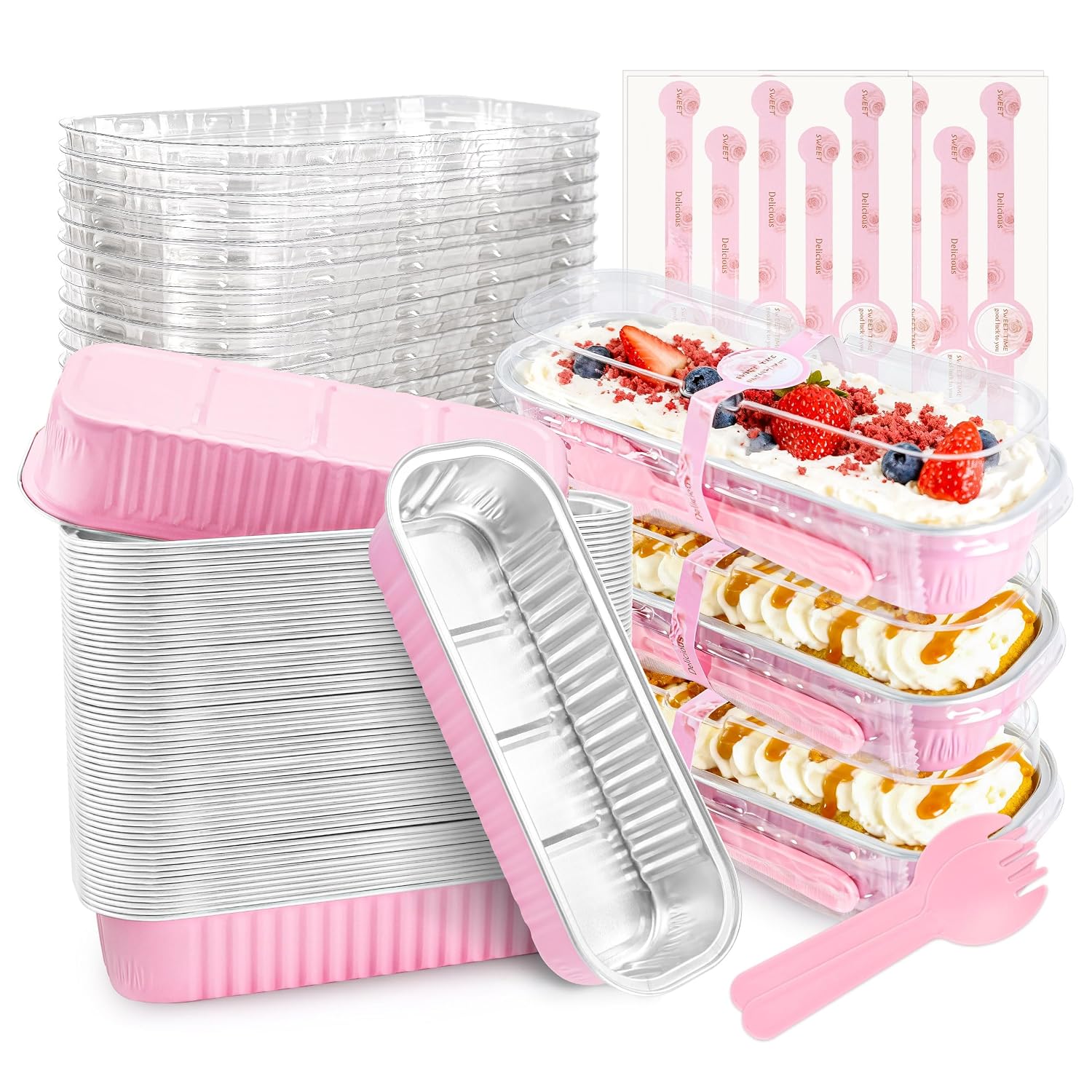 NPLUX Mini Loaf Pans with Lids, 50 Pack Pink 6.8oz for Party Favors