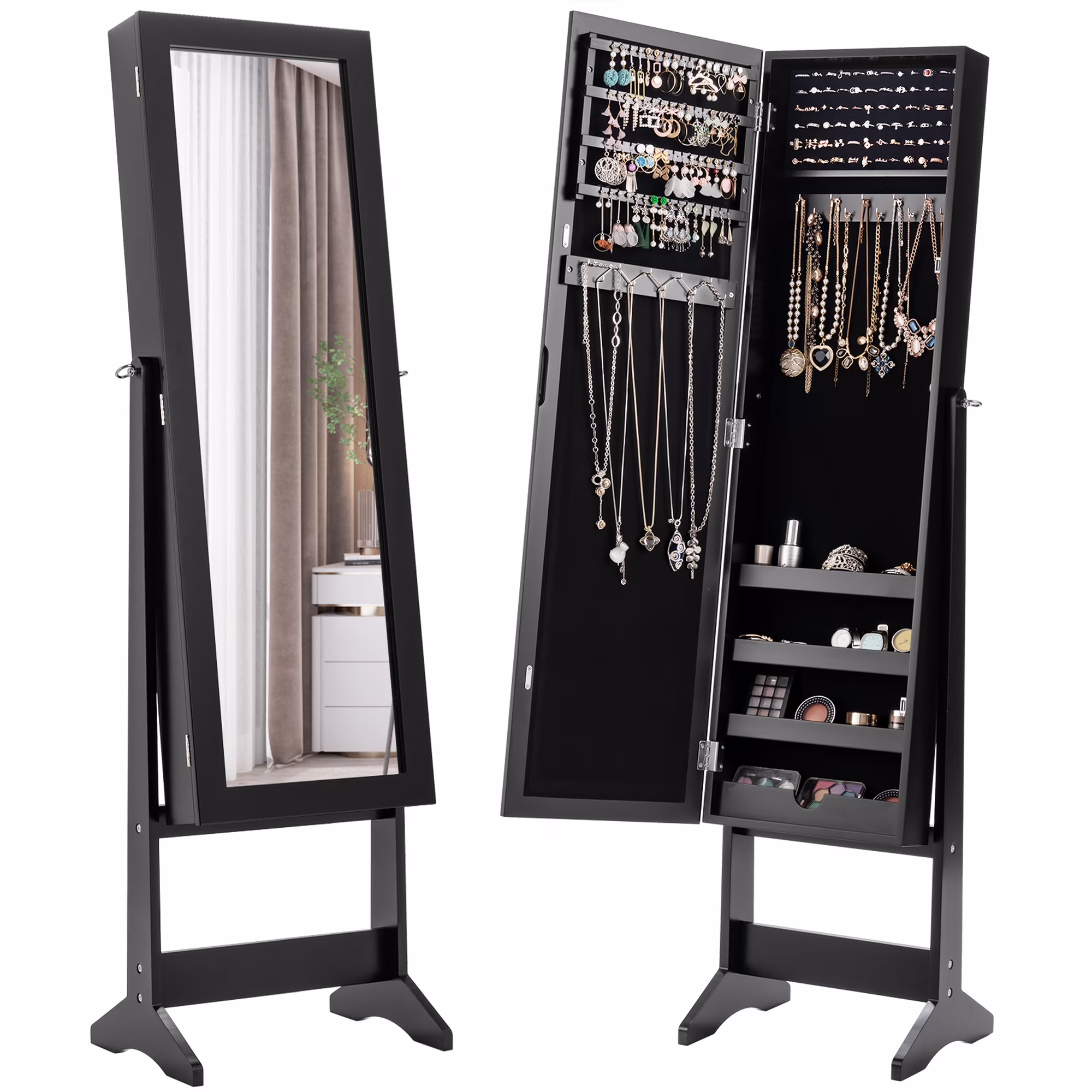 Jewelry Mirrored Cabinet Armoire Organizer Storage Box w/ Stand Christmas Gift(Black)