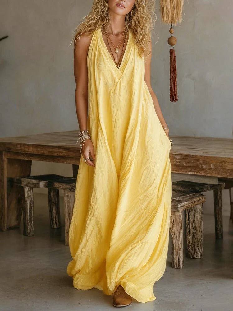 Robe longue fluide élégante sans manches à col en V