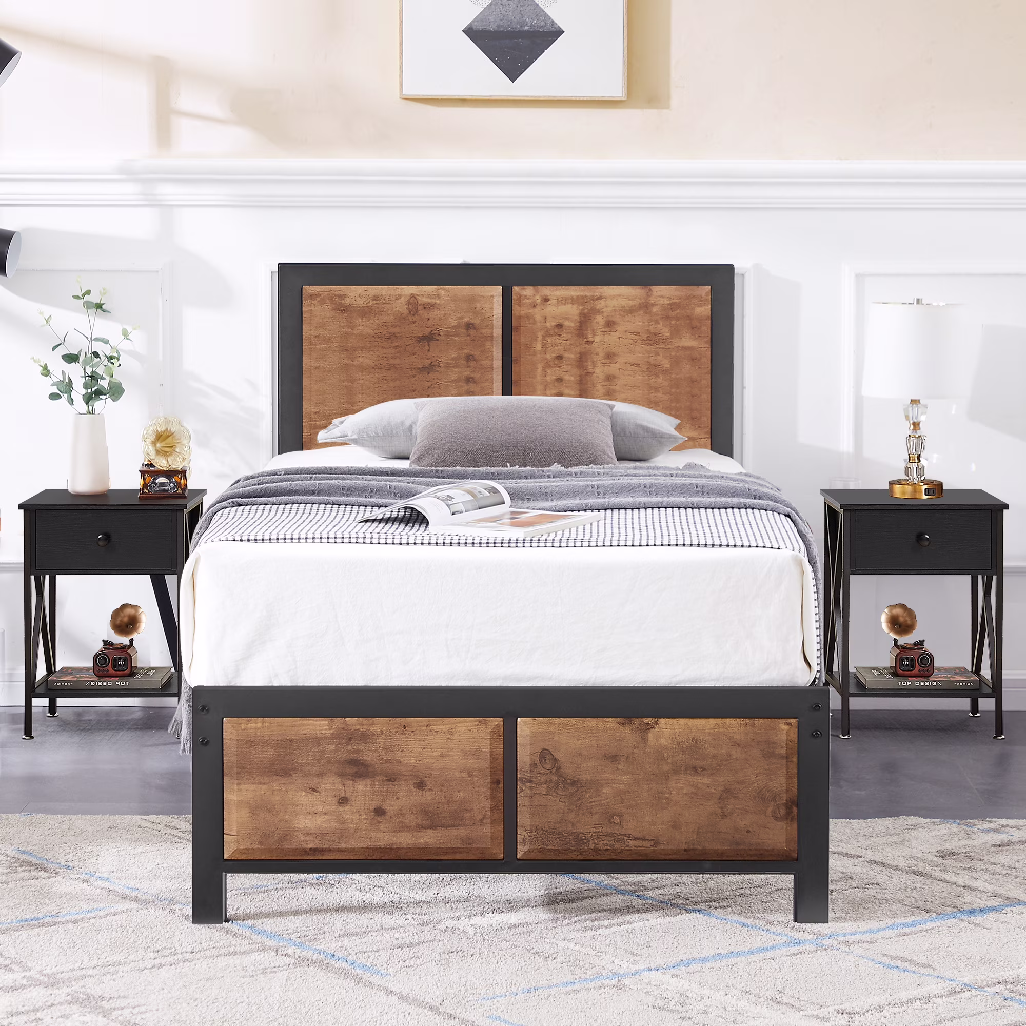 VECELO 3 - Piece Bedroom Set with Twin Size Bed Frame and 1 - Drawer Black Nightstands