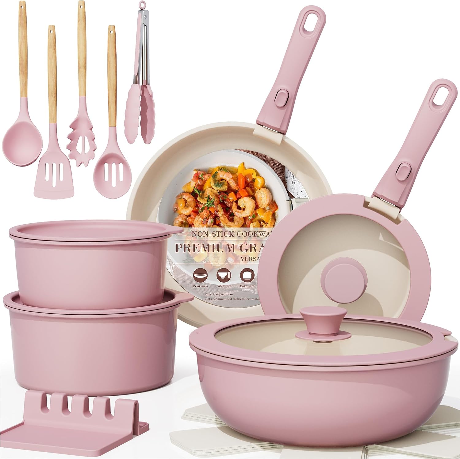 Astercook 21 Pcs Pots and Pans Set Non Stick, Ceramic Cookware Set with Detachable Handle, RV Kitchen Cooking Set with Removable Handles, Oven Safe, Induction Ready, Stackable, Pink, Father's Day Gift for Men