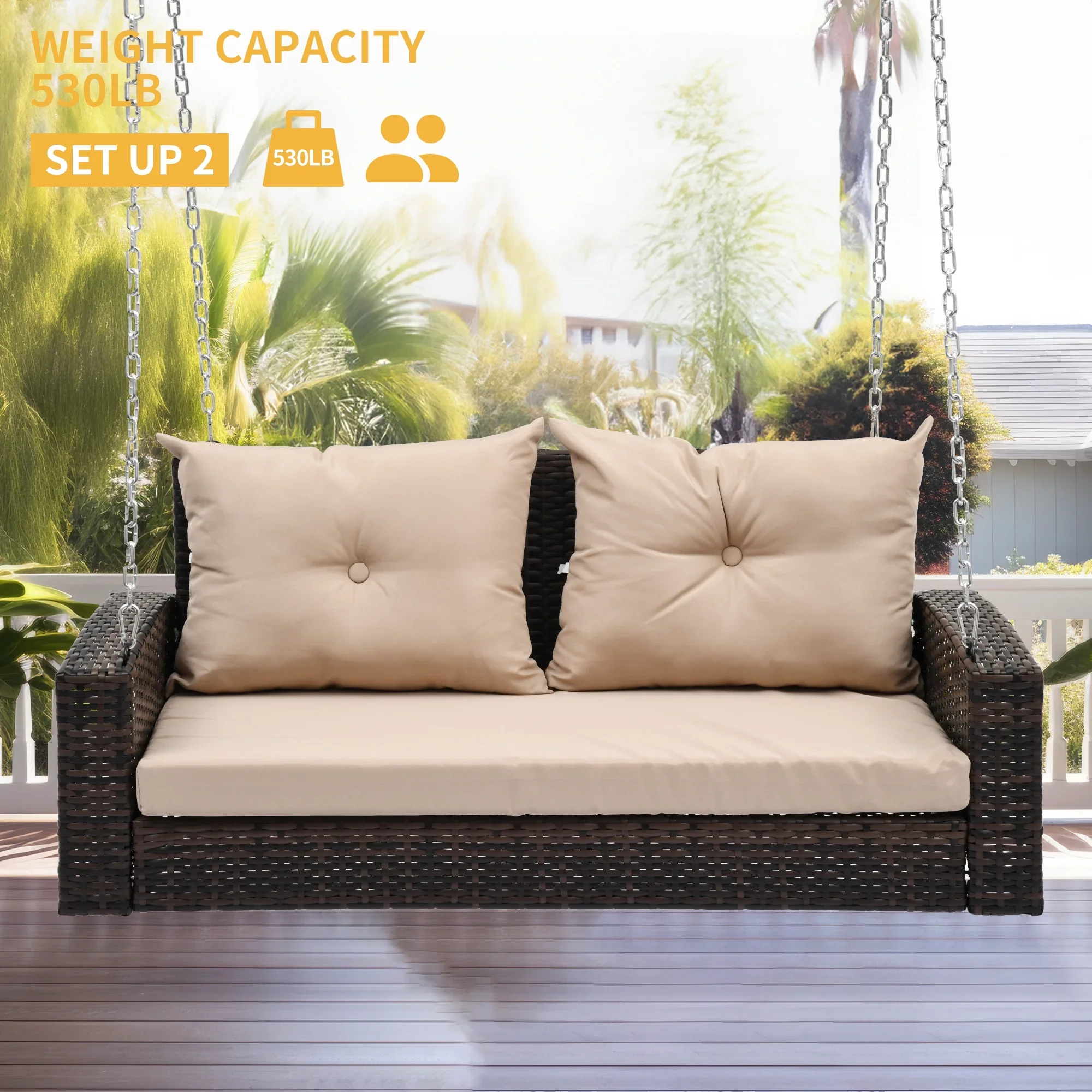 Dextrus Wicker Hanging Porch Swing Chair Outdoor Brown Rattan Patio Swing Lounge w/ 2 Back Cushions Capacity 530lbs for Garden, Balcony, Living Room, Beige
