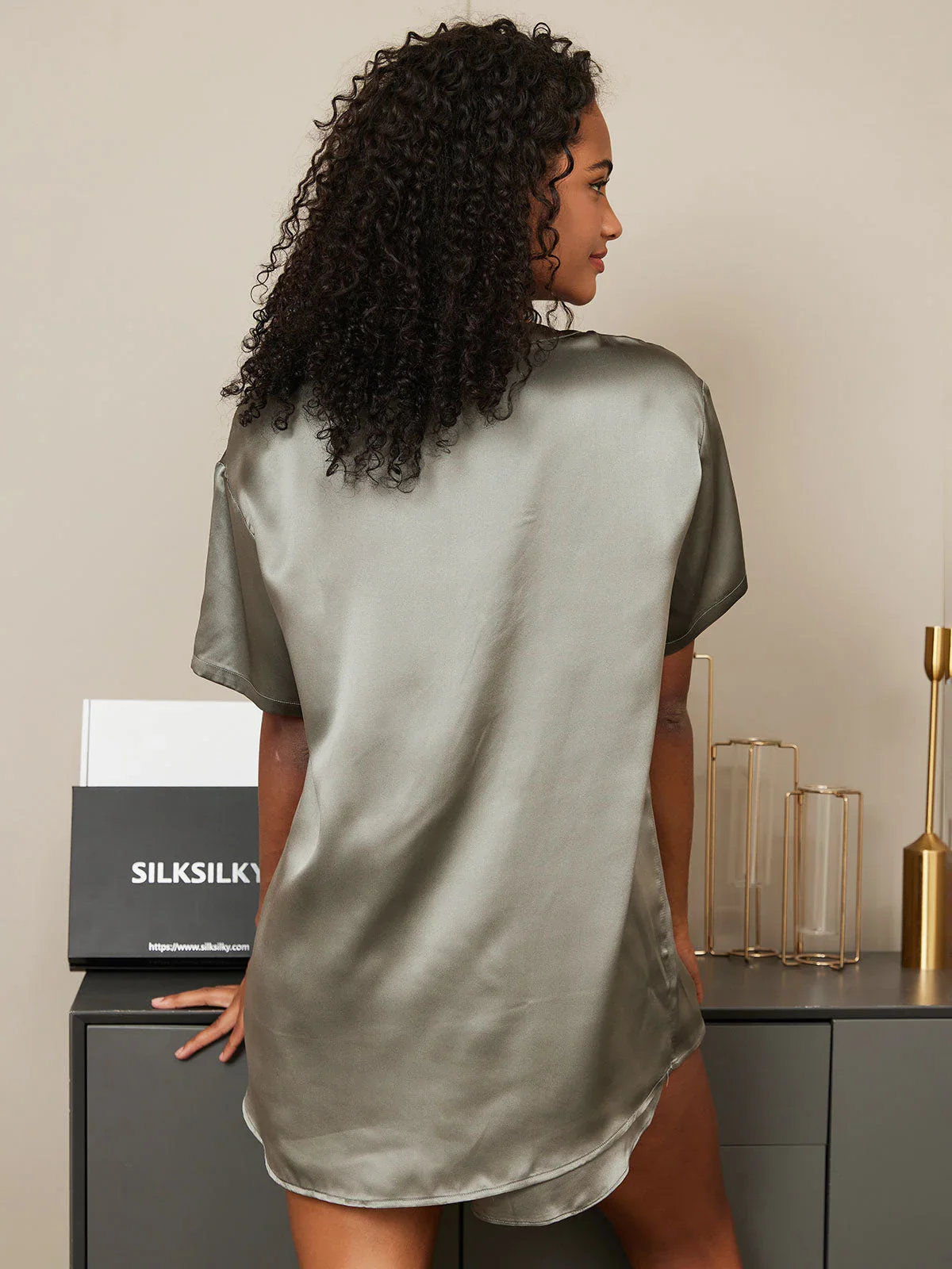 Pure Silk Short Sleeve Round Neck Womens Sleep Tee (Shorts Not Included)
