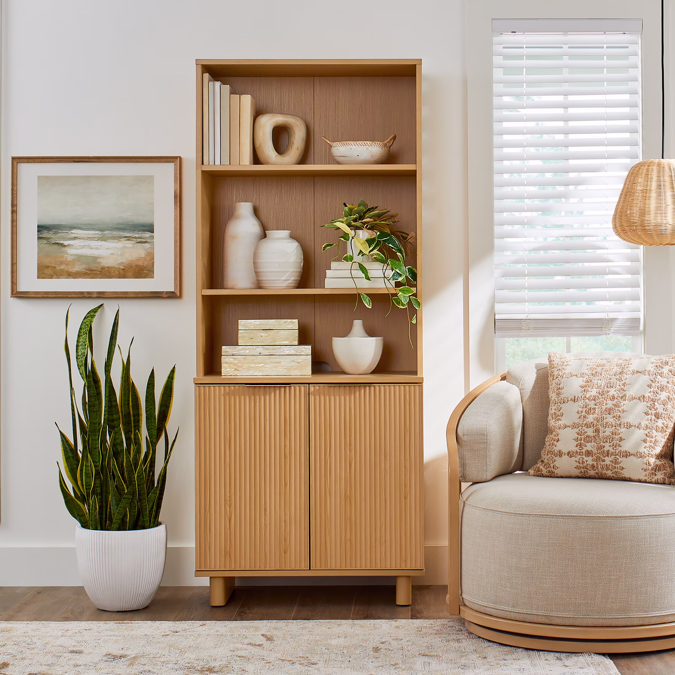 Better Homes & Gardens Lillian Fluted Bookcase with Doors, Natural Pine Finish