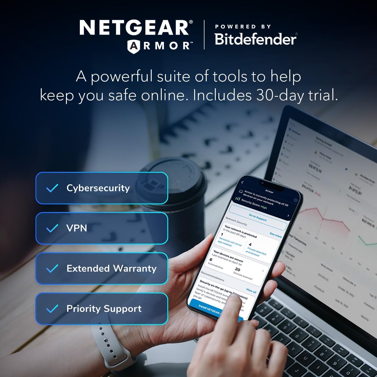 NETGEAR Nighthawk 8-Stream WiFi 6 Router (RAX70) - Security Features  AX6600 Tri-Band Wireless Speed (up to 6.6 Gbps) - Coverage up to 2 500 sq. ft.  40 Devices