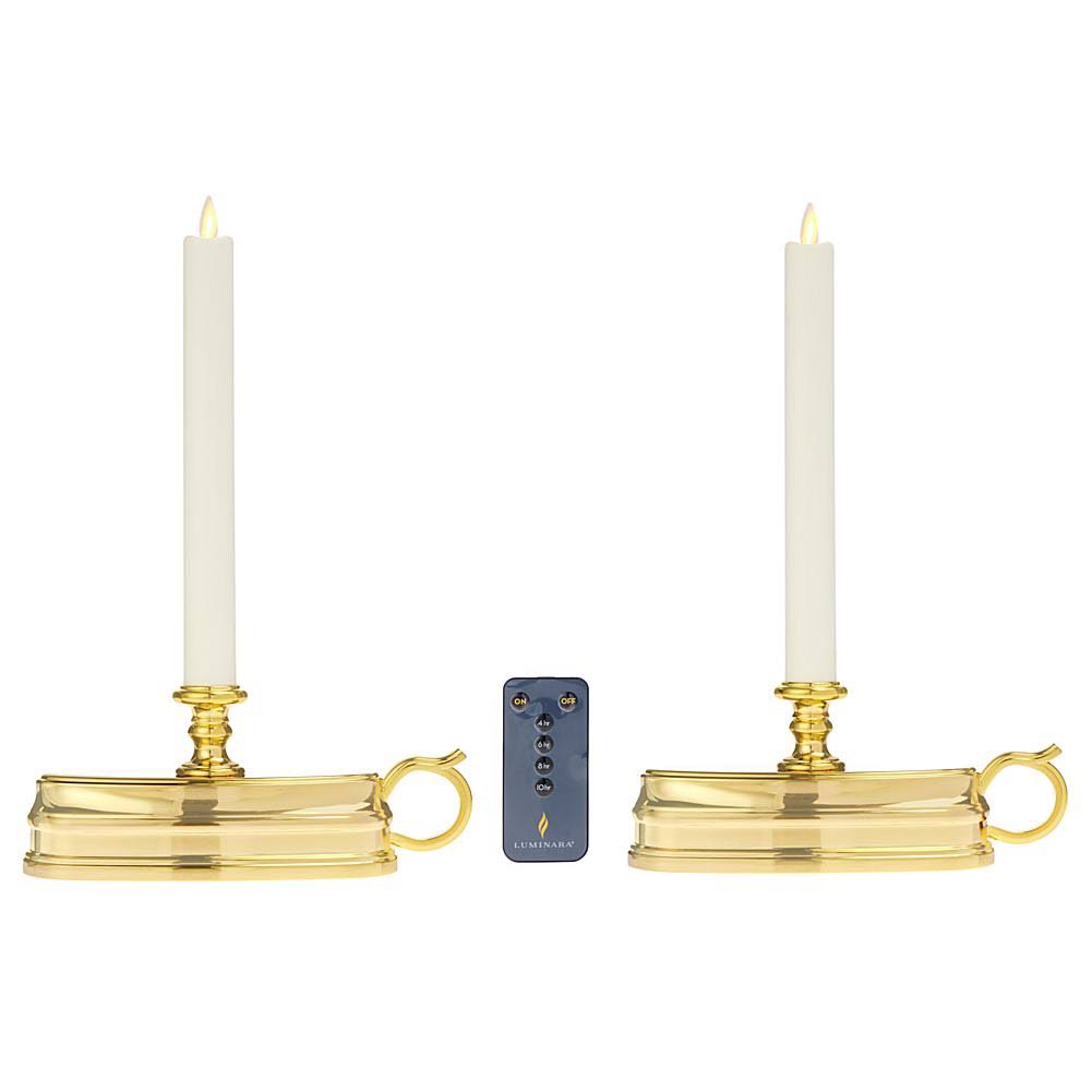 Luminara Set of (2) Colonial Flameless Window C ndles + Remote ,Brass