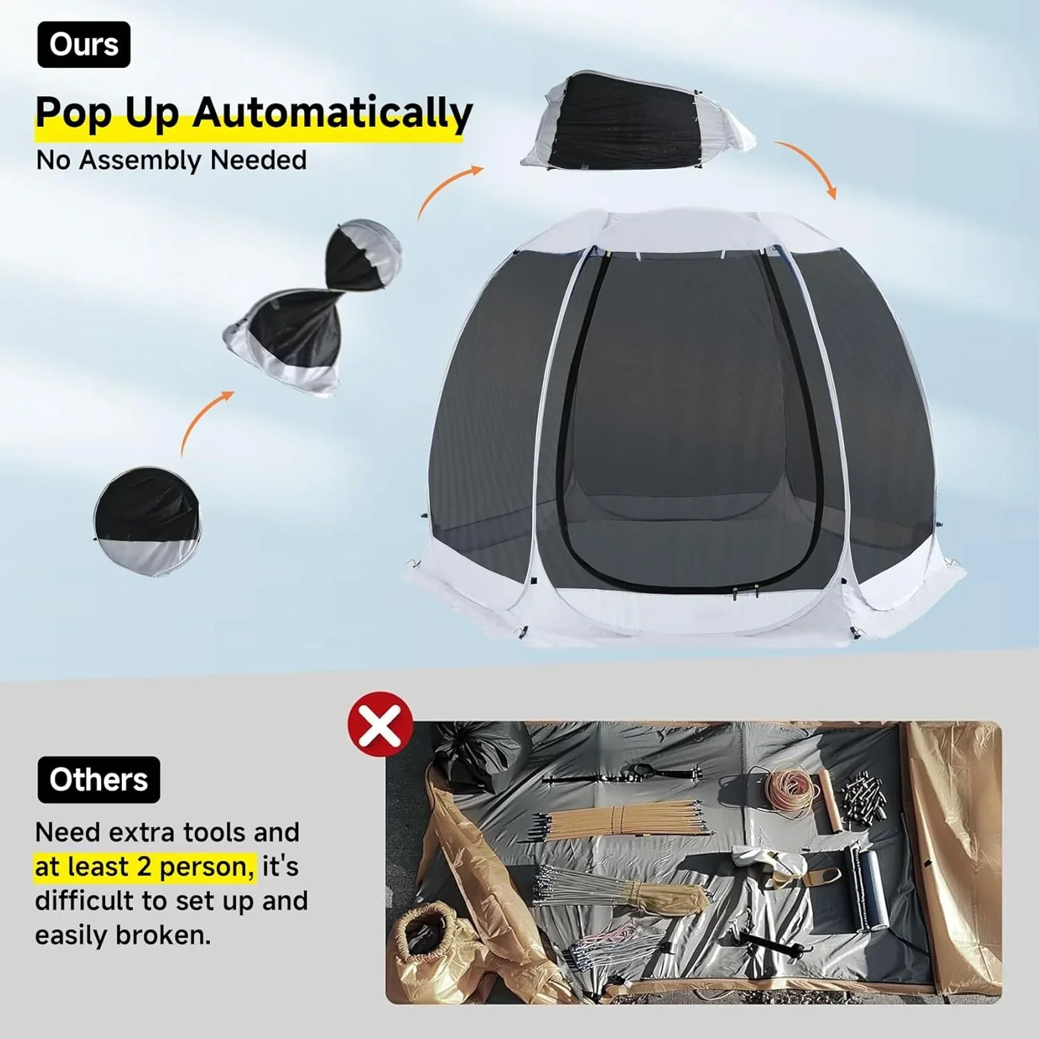 Gazebo moustiquaire pouvant accueillir 6, 10 ou 15 personnes. Tente de style igloo avec moustiquaire latérale. Idéal