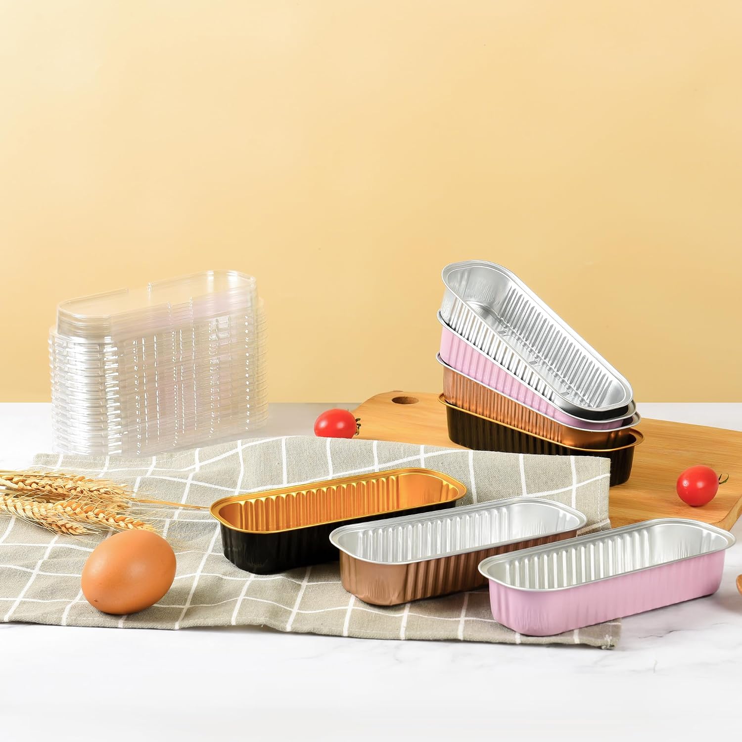 Findful Mini Loaf Baking Pans with Lids and Spoons (50 Pack, 6.8oz) Rectangular Aluminum Foil Baking Pans Tins Containers - Cupcake Containers Wrappers Cheesecake Creme Brulee Ramekins