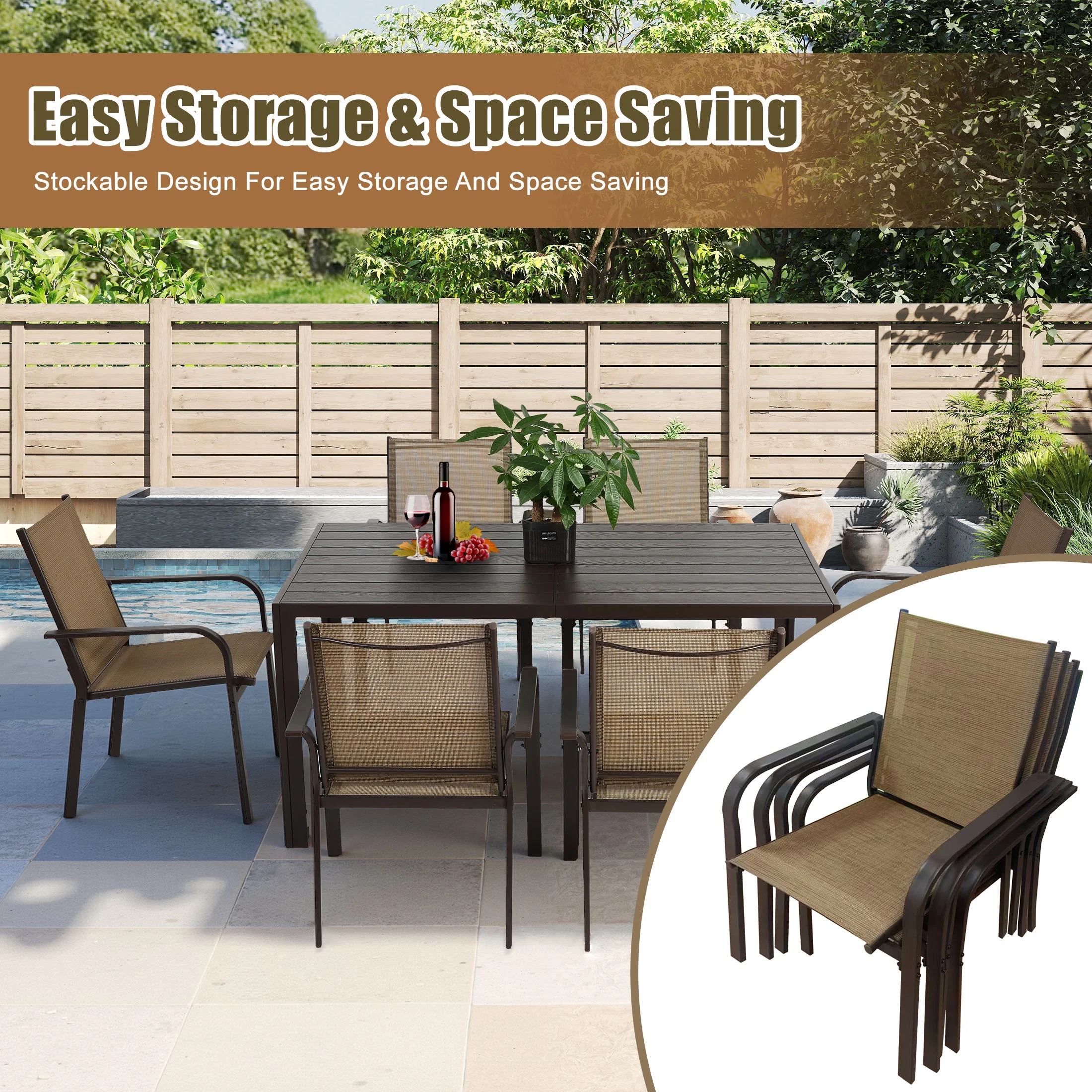 7 Piece Outdoor Dining Set, Patio Dining Table Set for 6 Persons, Garden Patio Textilene Dining Furniture Set with Plastic-Wood Tabletop, Dining Table Chairs Conversation Set for Deck Patio(Brown) - Image 4