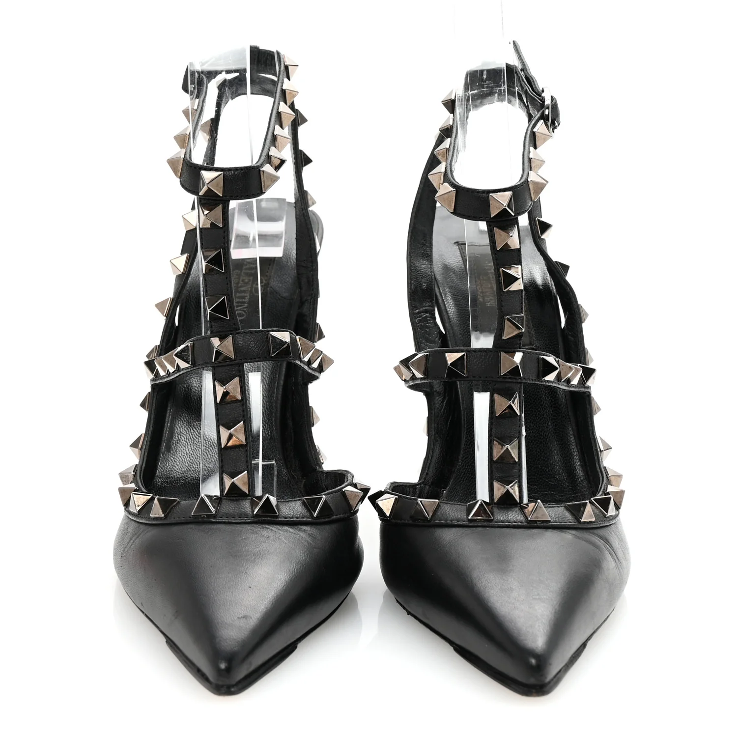 Calfskin Nappa Rockstud Ankle Strap 100mm Pumps 37 Black