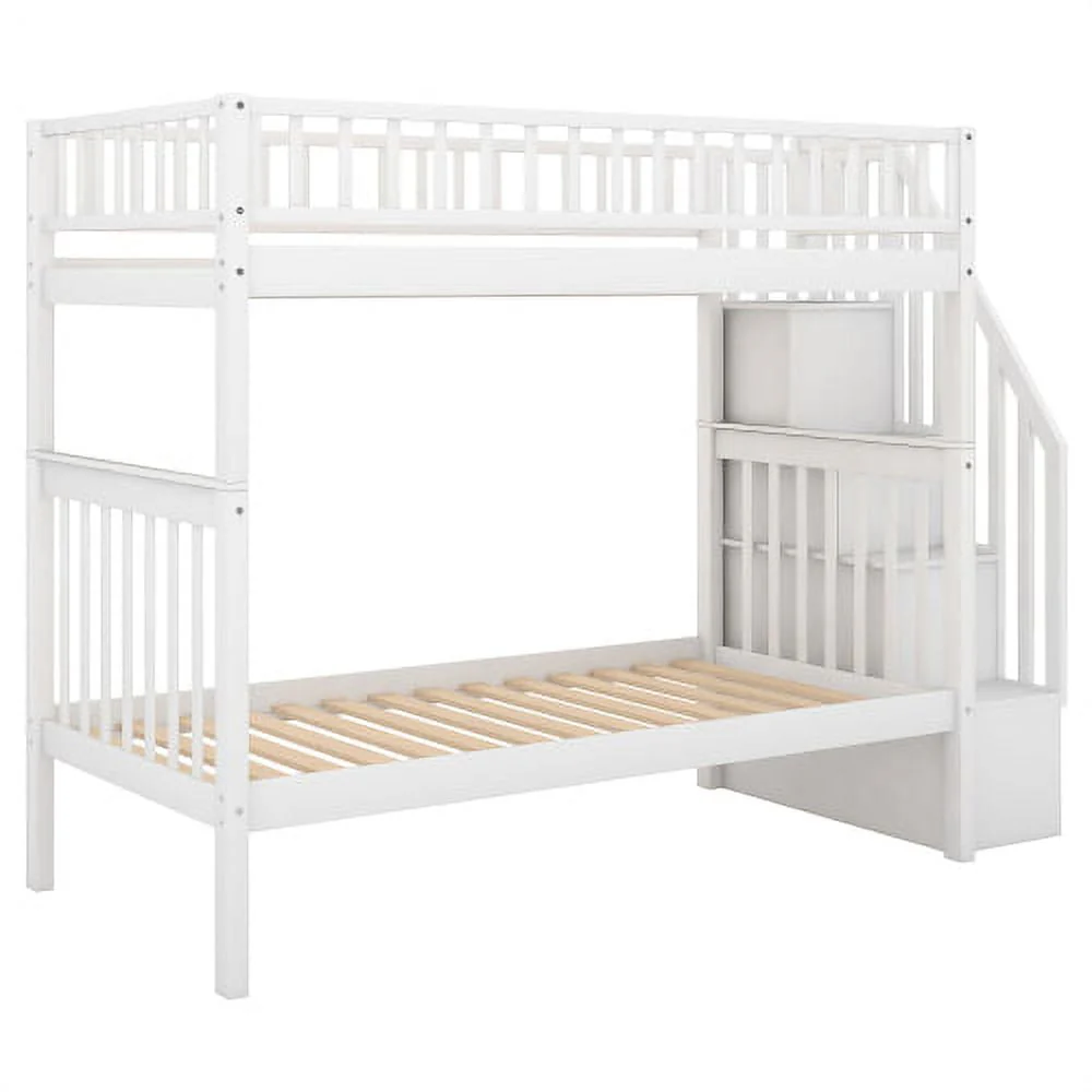 Twin over Twin Bunk Bed with Trundle and Storage Space, Convertible 3 Separate Beds Bunk Bed Frame with Full Length Guardrails and Storage Staircase, Solid WoodenTwin Bunk Bed for Girls, Boys, White - Image 5