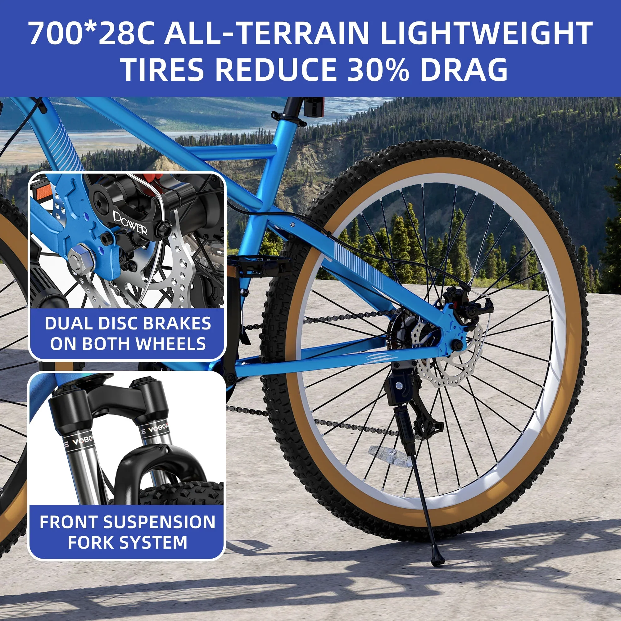 ModFusion 26-Inch Aluminum Alloy Mountain Bike, 21-Speed, Disc Brakes, Black with Brown Tires, 85% Assembled