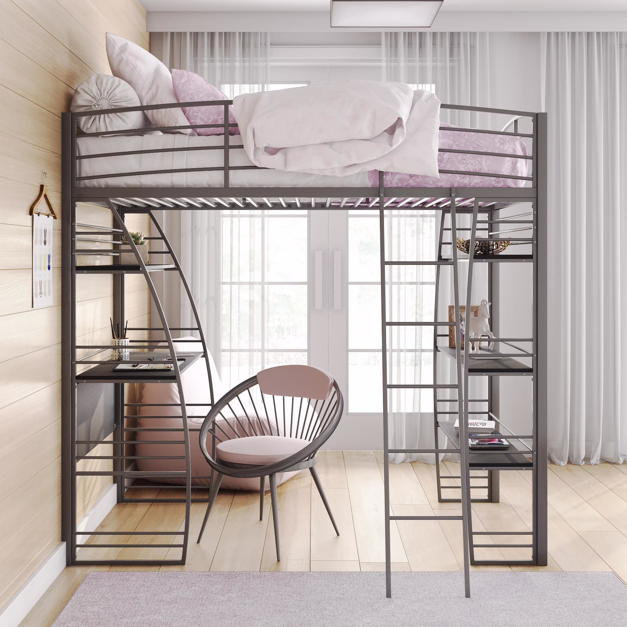 DHP Sage Studio Twin Metal Loft Bed with Integrated Desk and Shelves, Off White