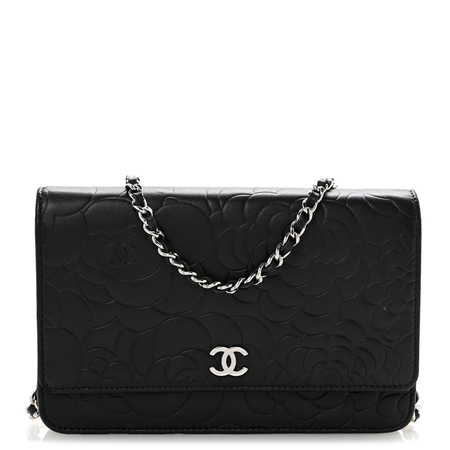 Lambskin Camellia Embossed Wallet On Chain WOC Black