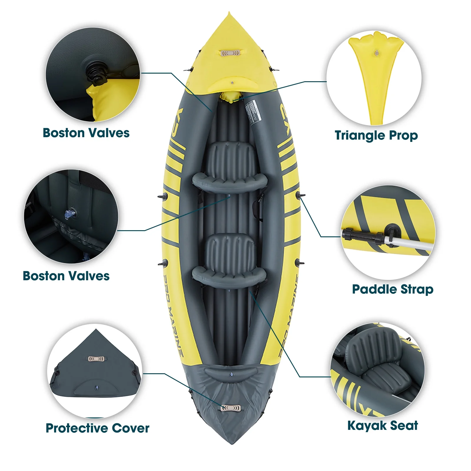 2 Person Inflatable Kayak Set Foldable Paddle Boat with Adjustable Seat, Foot Pump, Yellow(Yellow) - Image 4