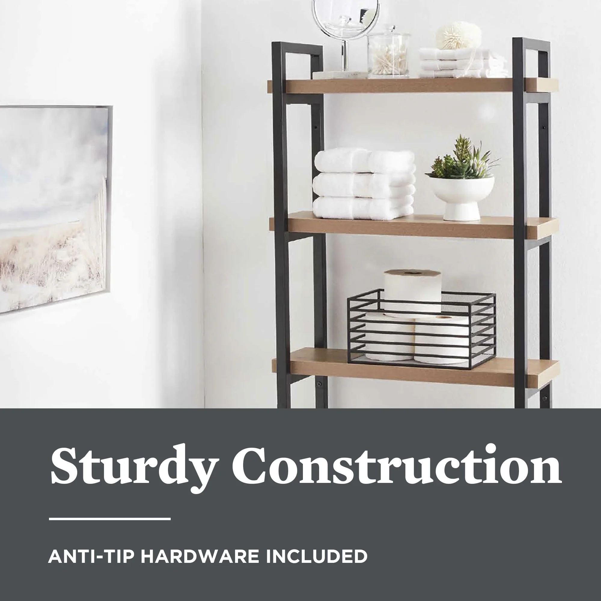Better Homes & Gardens Jace 3-Shelf Over-the-Toilet Rack, Black Frame & Oak Shelves