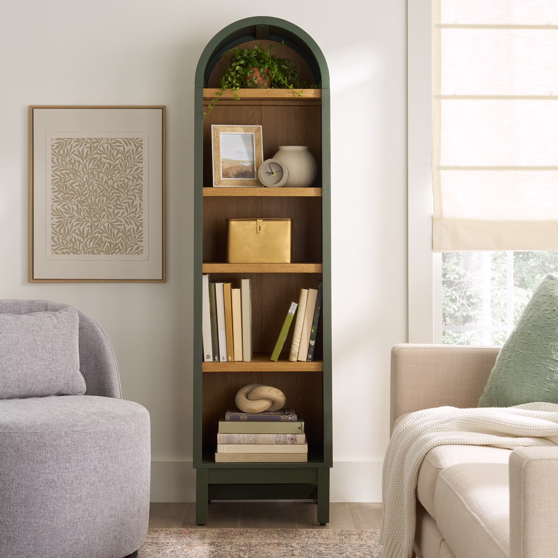 Juliet Narrow Arch Bookcase, Deep Green and Light Honey(Green)